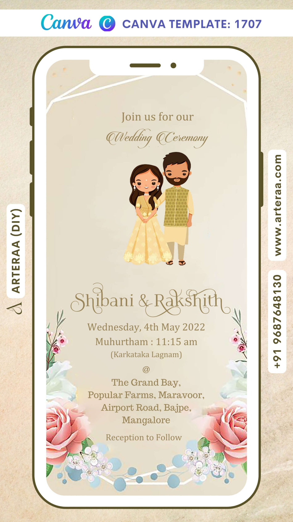 Wedding ceremony invitation card Canva Editable Template of hindu south indian kannada family in english language with minimalistic theme design 1707