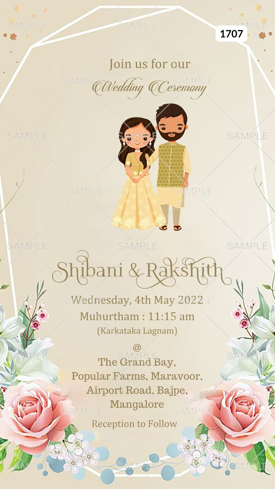 Wedding ceremony invitation card Canva Editable Template of hindu south indian kannada family in english language with minimalistic theme design 1707