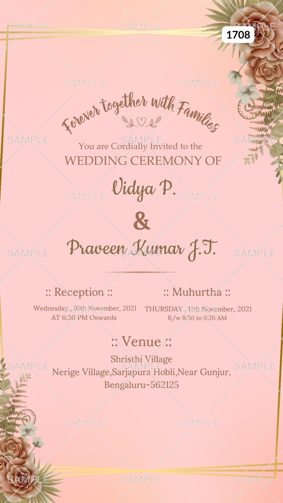 Wedding ceremony invitation card Canva Editable Template of hindu south indian kannada family in english language with  minimalistic theme design 1708