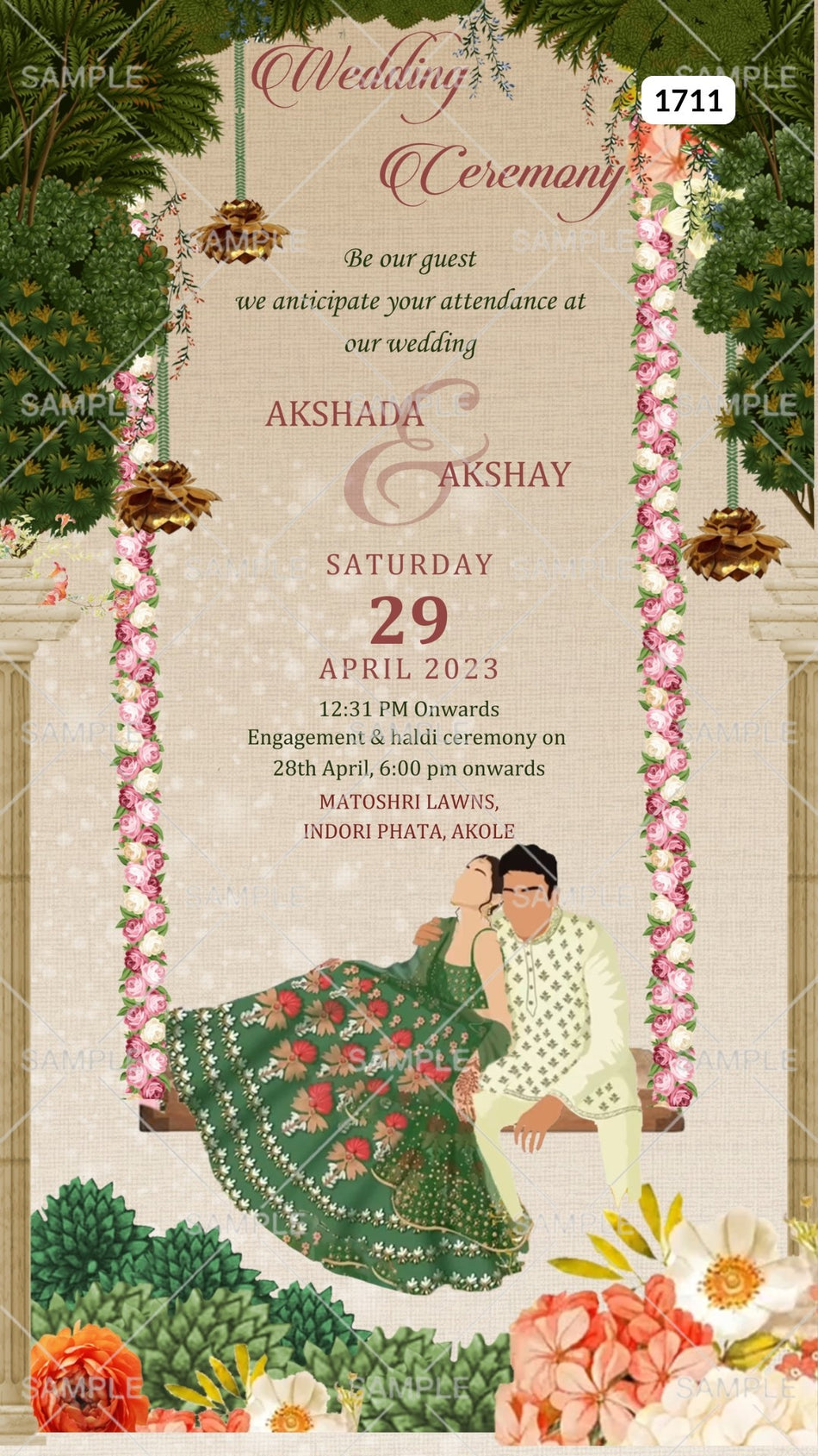 Wedding ceremony invitation card Canva Editable Template of hindu maharashtrian marathi family in english language with  garden theme design 1711