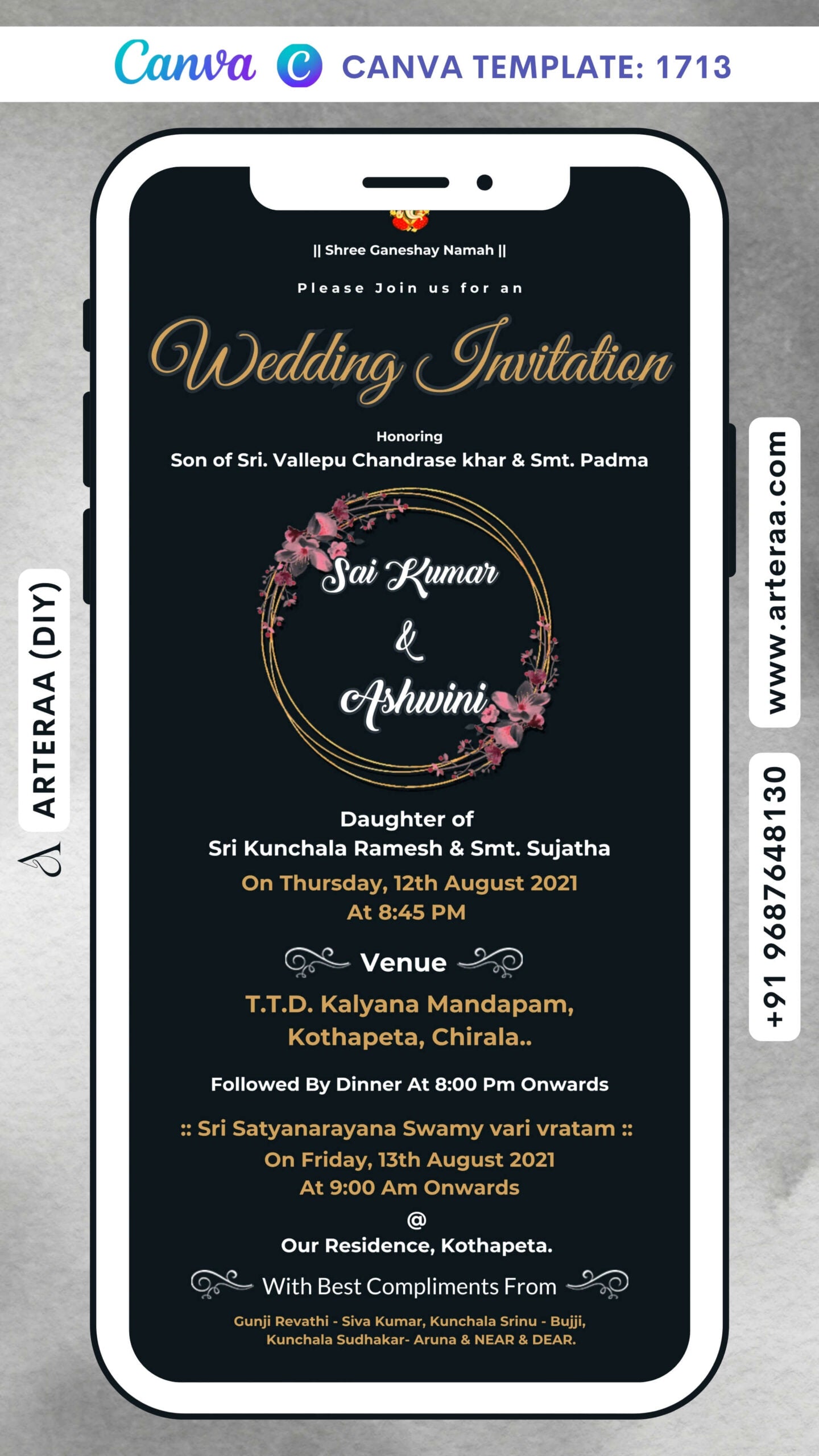Wedding ceremony invitation card Canva Editable Template of hindu south indian telugu family in english language with minimalistic theme design 1713