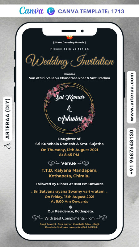 Wedding ceremony invitation card Canva Editable Template of hindu south indian telugu family in english language with minimalistic theme design 1713