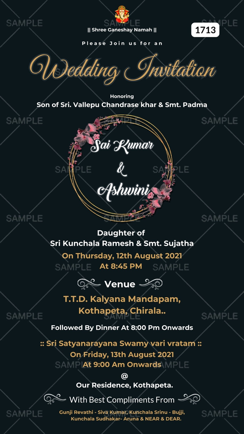Wedding ceremony invitation card Canva Editable Template of hindu south indian telugu family in english language with  minimalistic theme design 1713