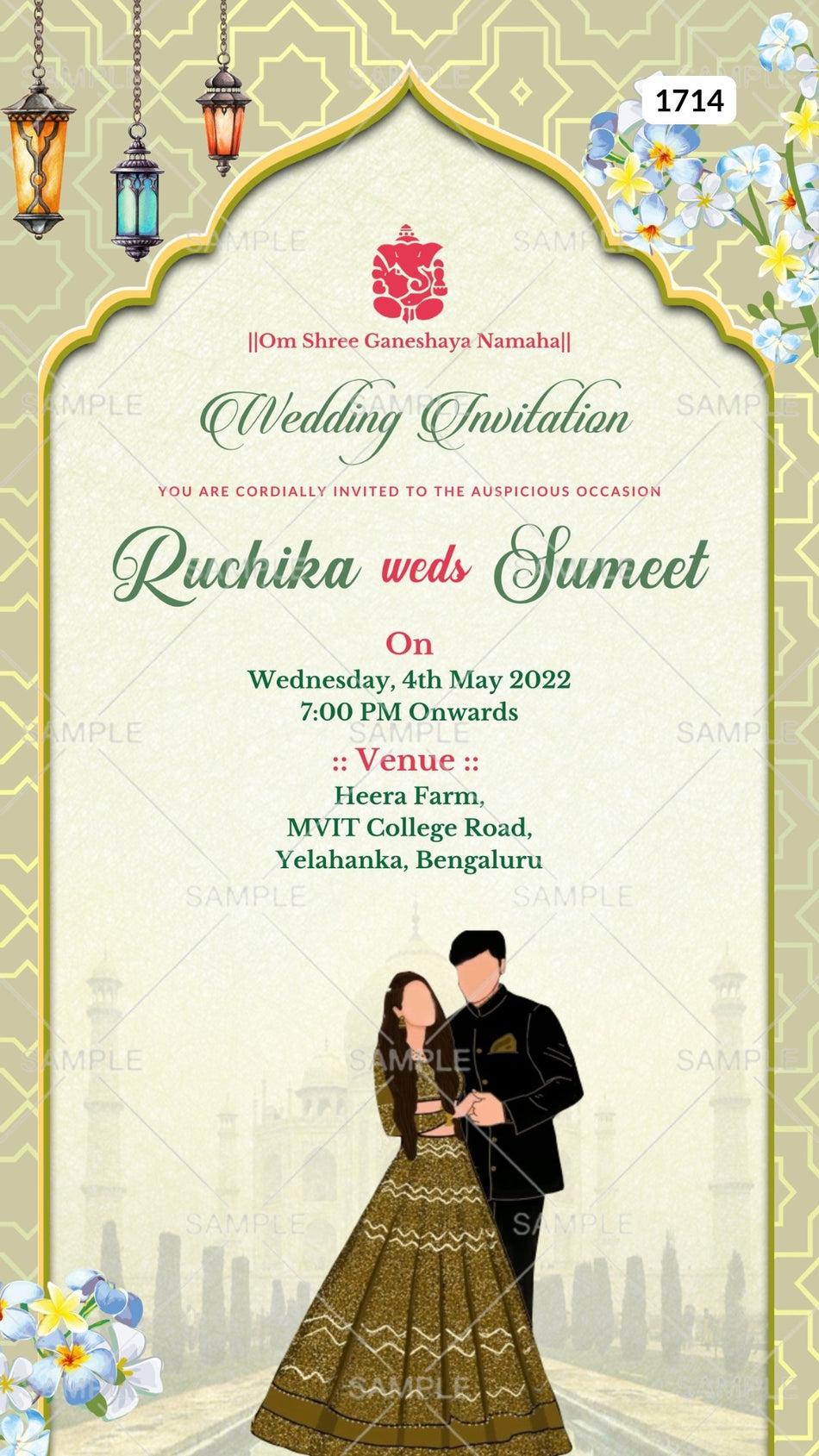 Golden couple doodle digital invitation card Canva Editable Template for wedding ceremony of hindu south indian Kannada family in english language with Arch theme design 1714