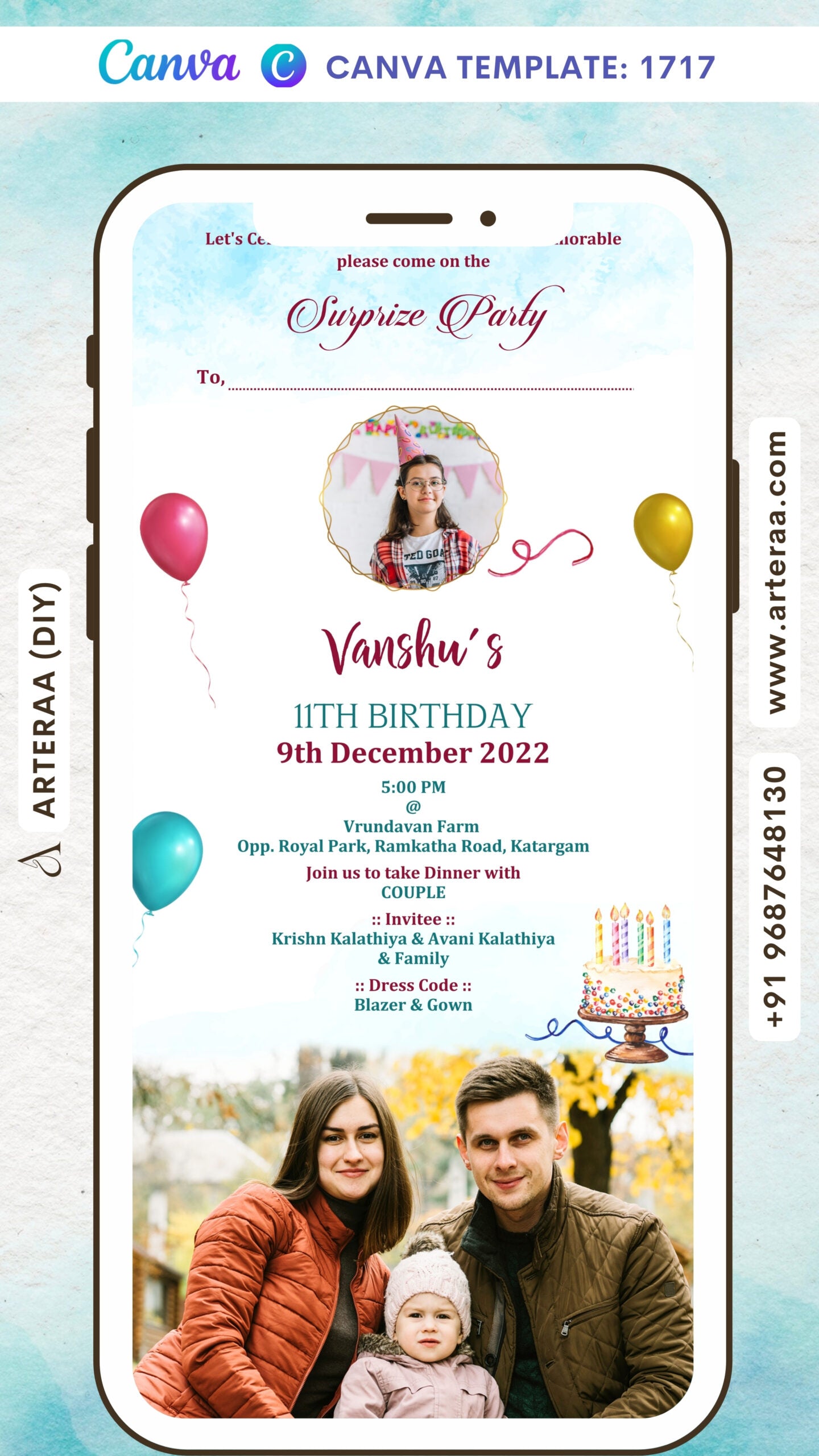 Birthday party invitation card Canva Editable Template in English language with balloons theme design 1717