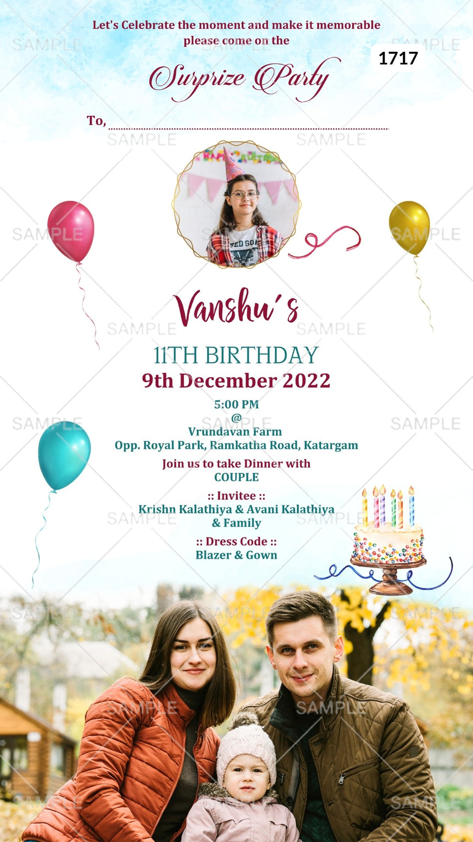 Birthday party invitation card Canva Editable Template in English language with balloons theme design 1717