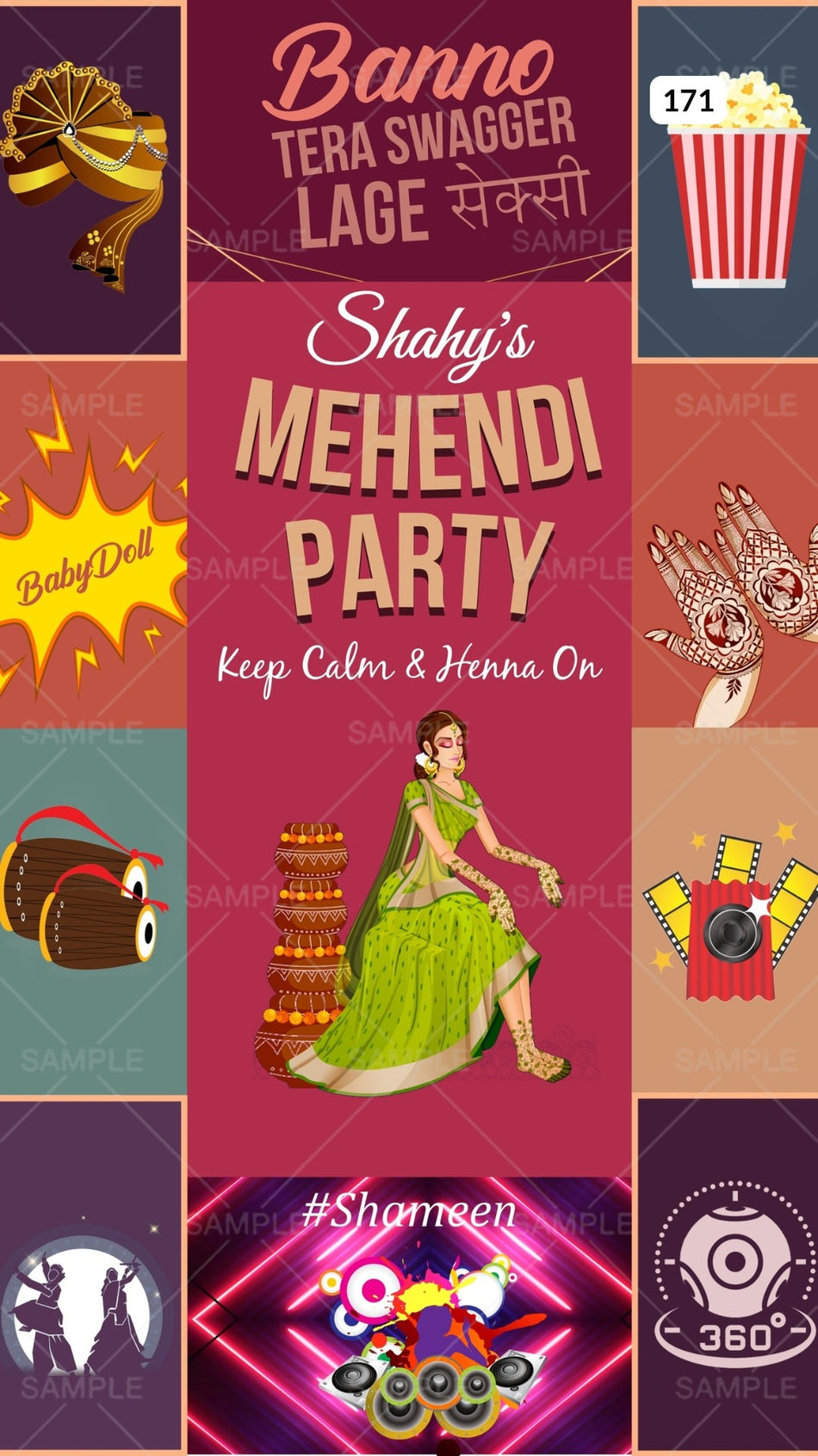 Mehendi ceremony invitation card Canva Editable Template in english language with pot, doodle, popcorn as bollywood theme design 171