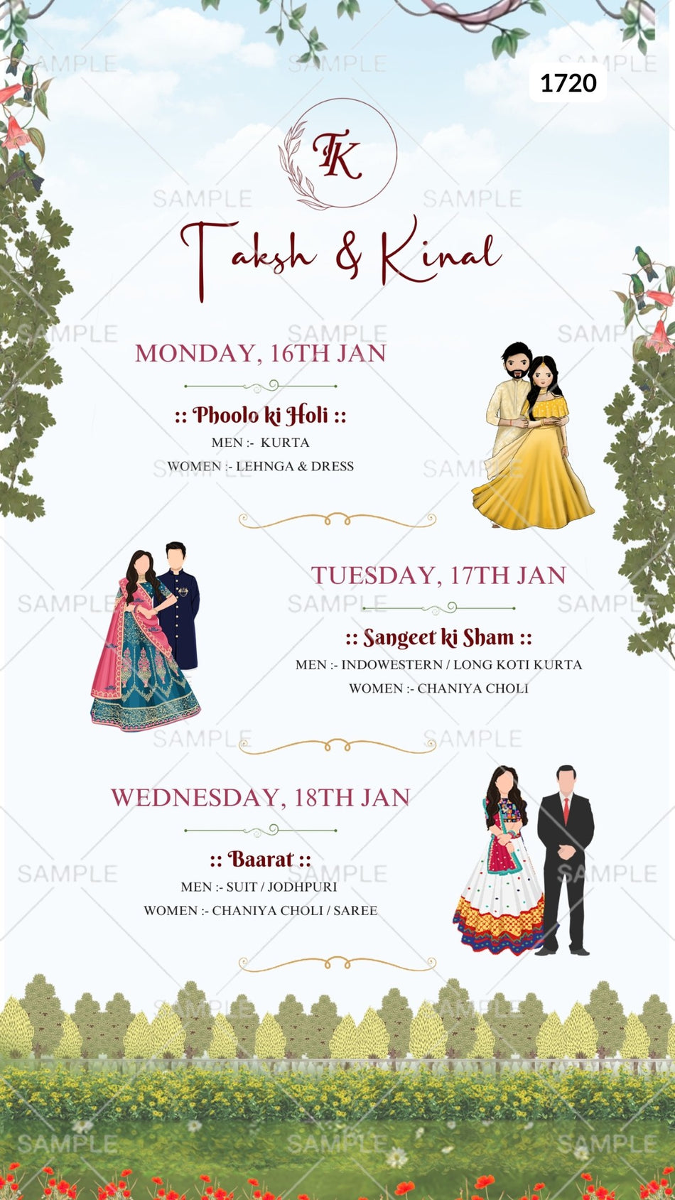 Wardrobe planner invitation card Canva Editable Template in english language with couple doodles, flowers, leaves as garden theme design 1720