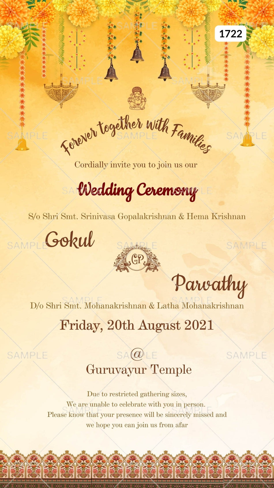 Wedding ceremony invitation card Canva Editable Template of hindu south indian malayali family in english language with  traditional theme design 1722