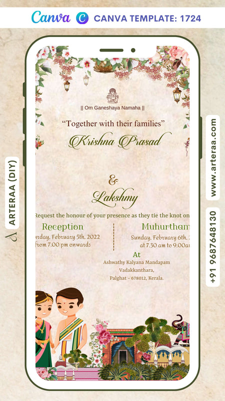 Wedding ceremony invitation card Canva Editable Template of hindu south indian malayali family in english language with traditional theme design 1724