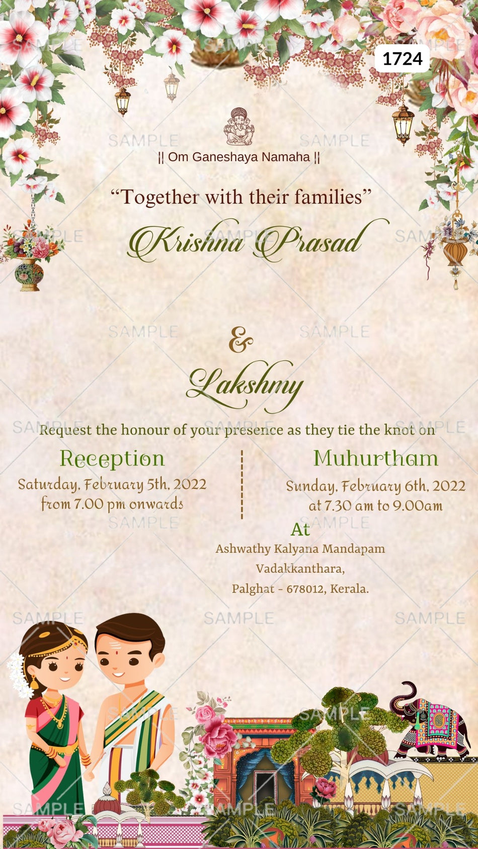 Wedding ceremony invitation card Canva Editable Template of hindu south indian malayali family in english language with  traditional theme design 1724