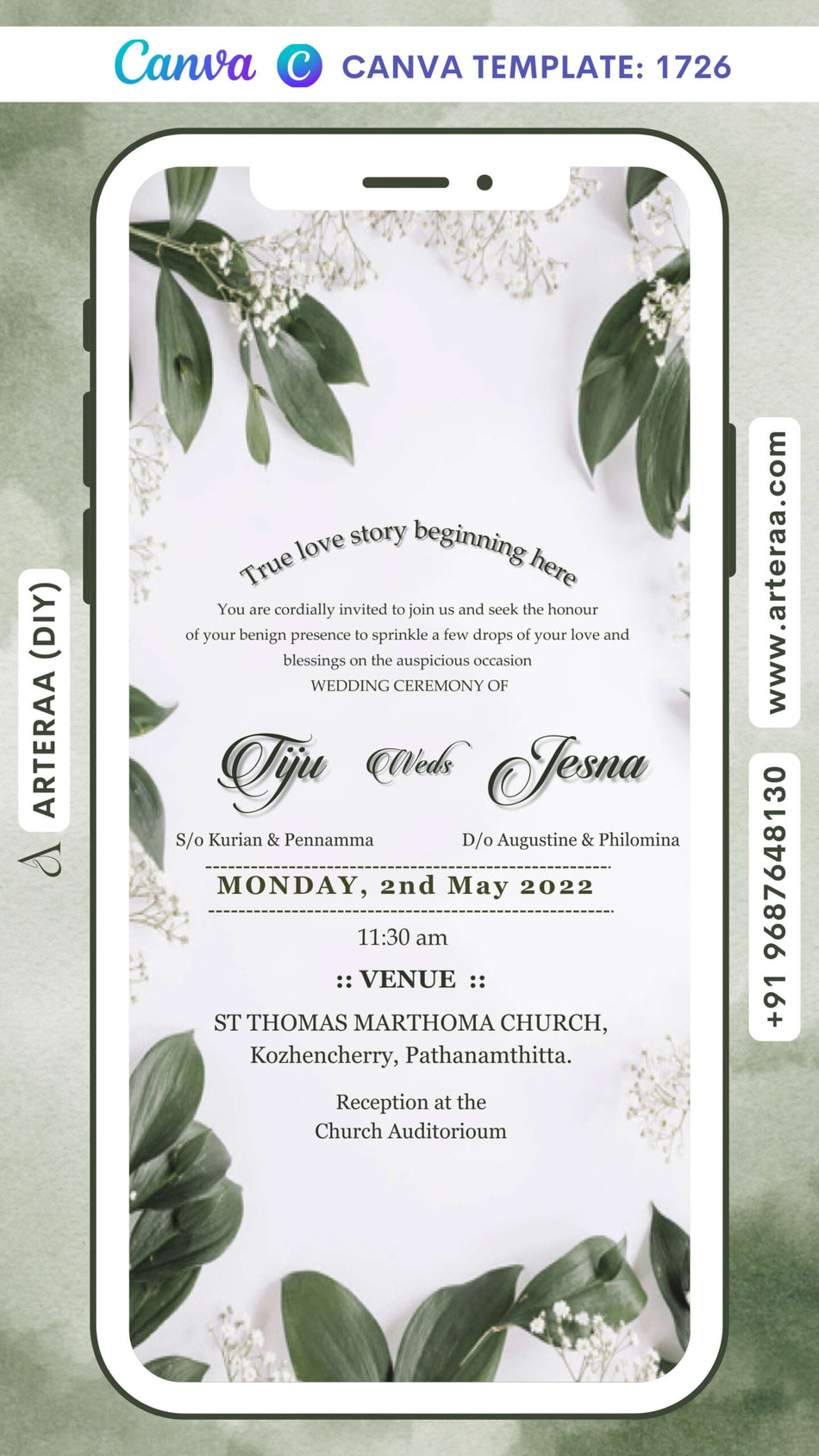 Wedding ceremony invitation card Canva Editable Template of Hindu south Indian Malayali family in English language with minimalistic theme design 1726