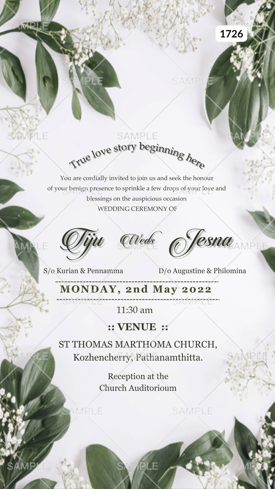 Wedding ceremony invitation card Canva Editable Template of Hindu south Indian Malayali family in English language with  minimalistic theme design 1726