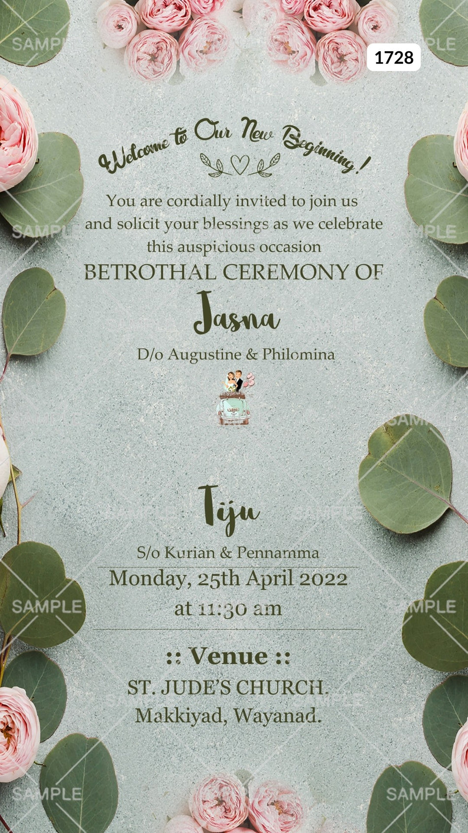 Betrothal ceremony invitation card Canva Editable Template for Catholic family in english language with flowers, romantic couple doodle as floral theme design 1728