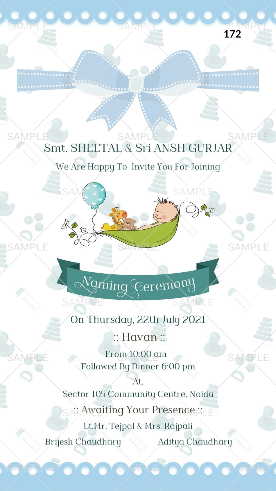 Baby Naming ceremony invitation card Canva Editable Template in english language with toy, baby doodle, balloon as playful theme design 172