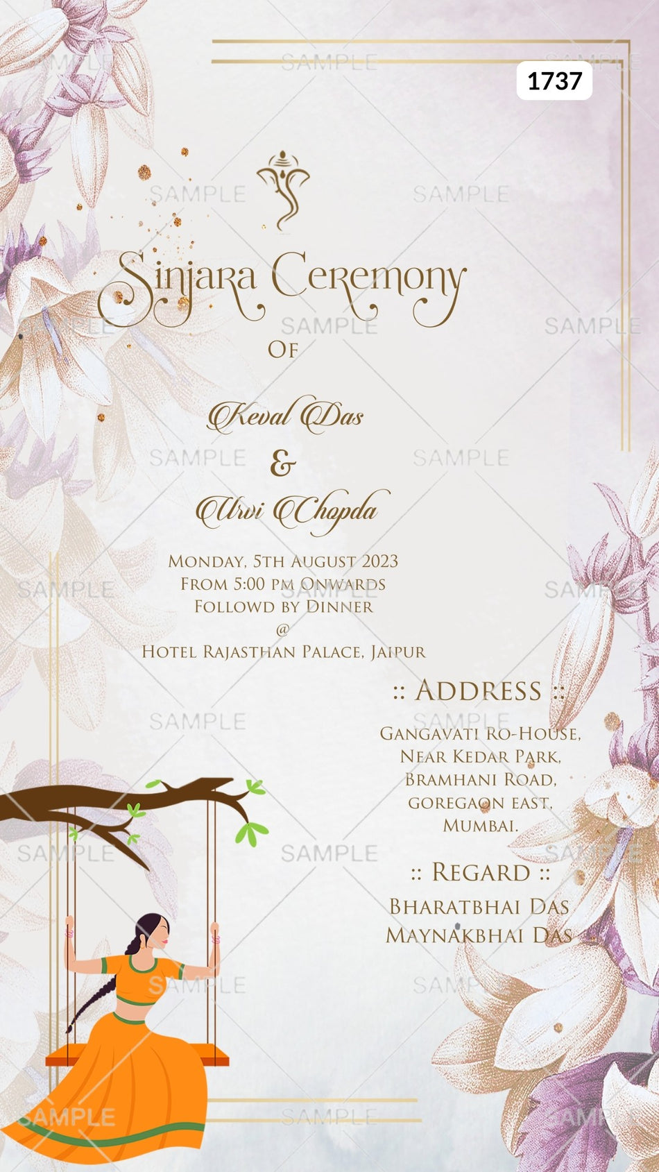 Sinjara ceremony invitation card in english language with girl doodle, leaves as floral theme Canva Editable Template design 1737