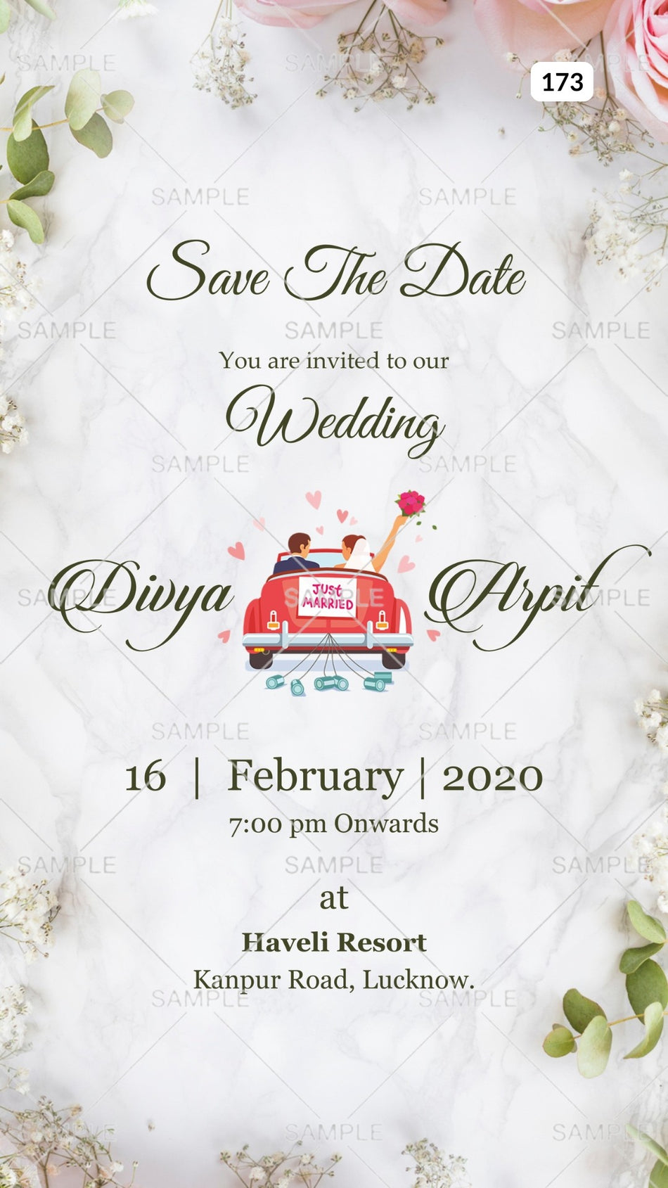 Wedding ceremony invitation card Canva Editable Template of hindu north indian bhojpuri family in english language with Floral theme design 173