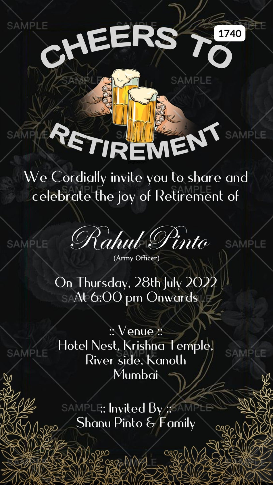 Retirement Party invitation card Canva Editable Template in english language with artistic flowers theme design 1740