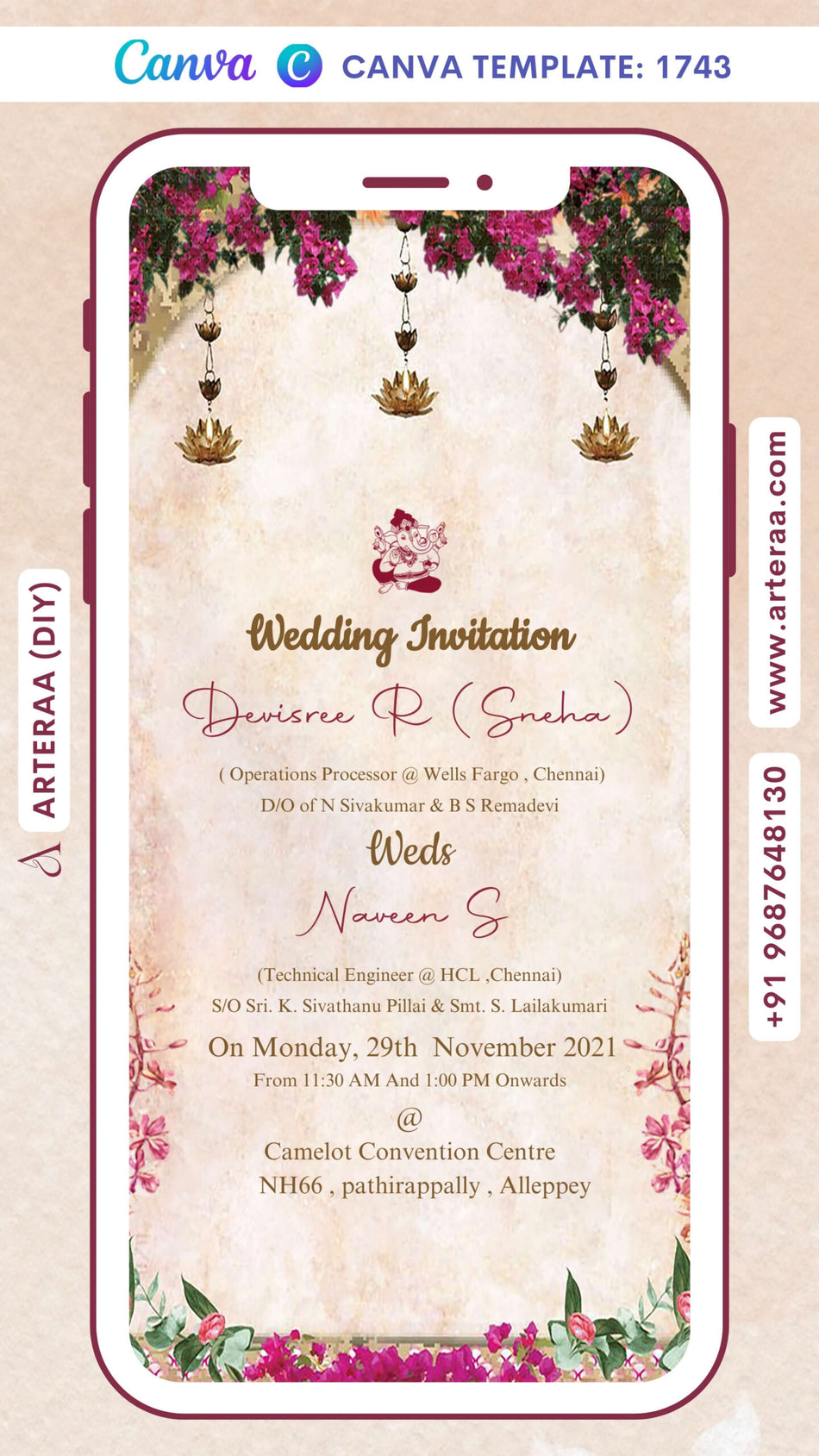 Wedding ceremony invitation card Canva Editable Template of Hindu south Indian Malayali family in English language with traditional theme design 1743