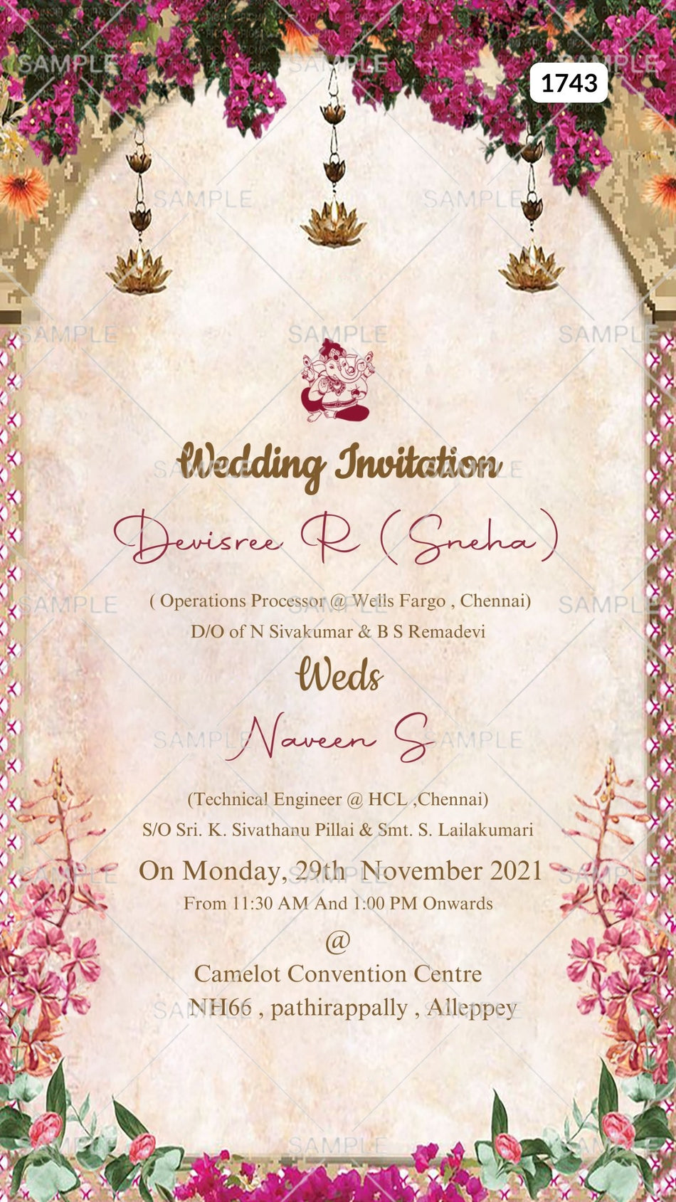 Wedding ceremony invitation card Canva Editable Template of Hindu south Indian Malayali family in English language with  traditional theme design 1743