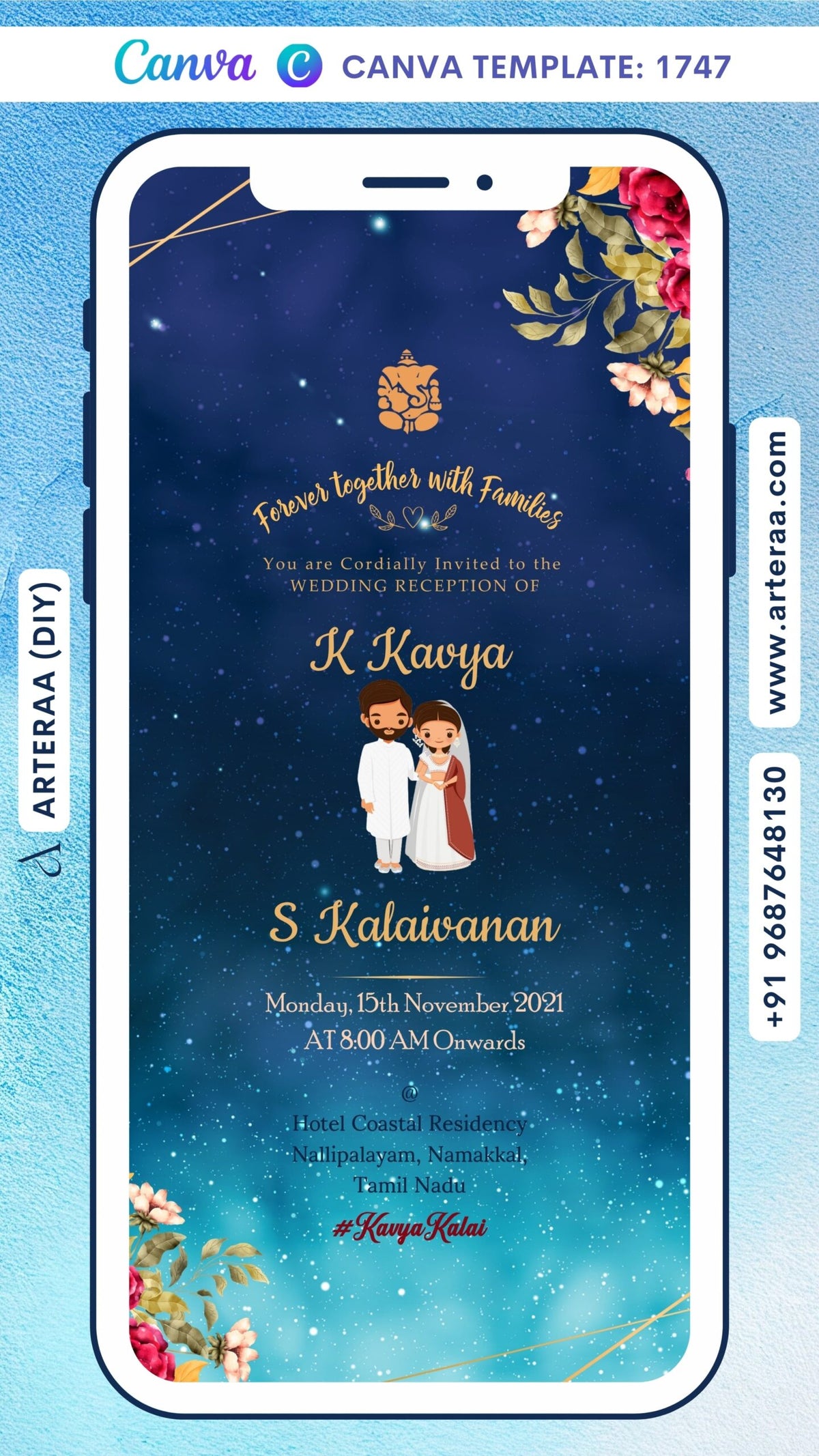 Wedding ceremony invitation card Canva Editable Template of hindu south indian tamil family in english language with minimalistic theme design 1747
