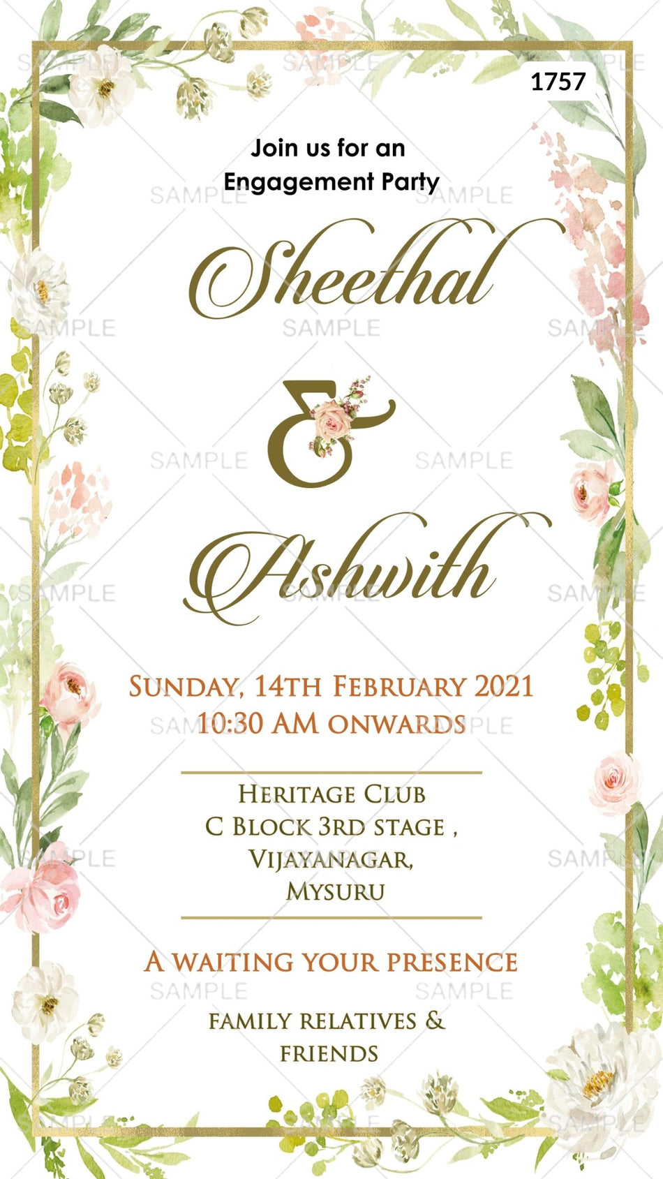 Engagement ceremony invitation card Canva Editable Template in english language with golden frame, flowers as artistic leaves theme design 1757