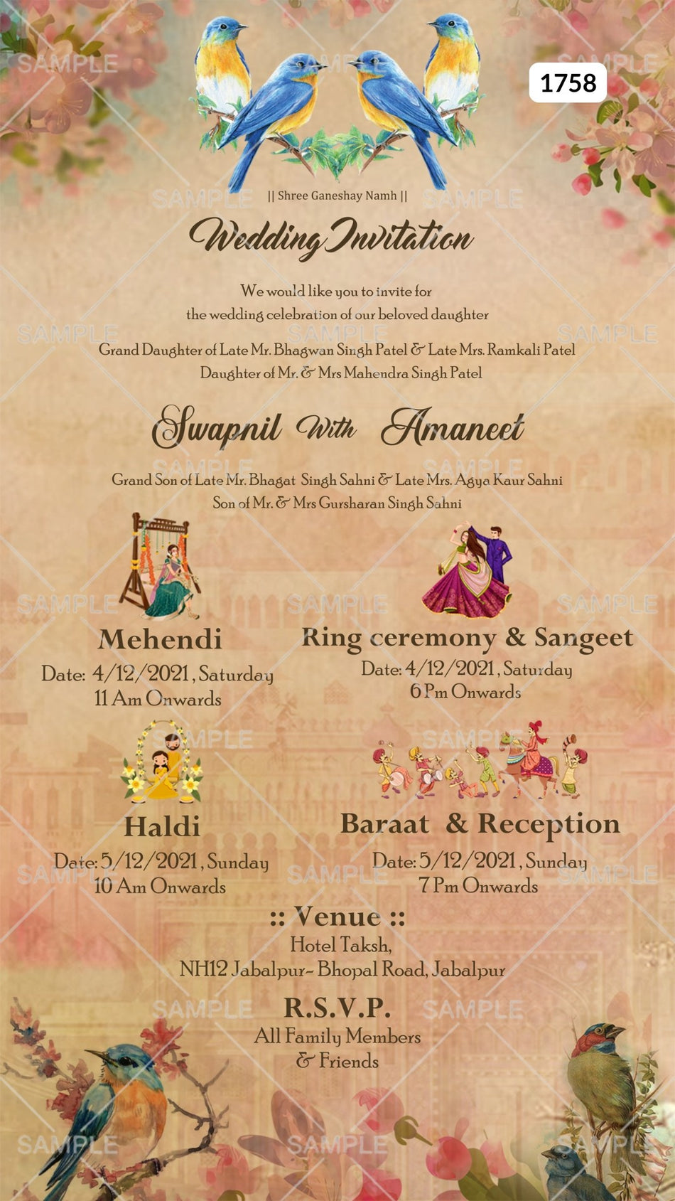 Wedding ceremony invitation card Canva Editable Template of hindu north indian family in english language with  vintage theme design 1758