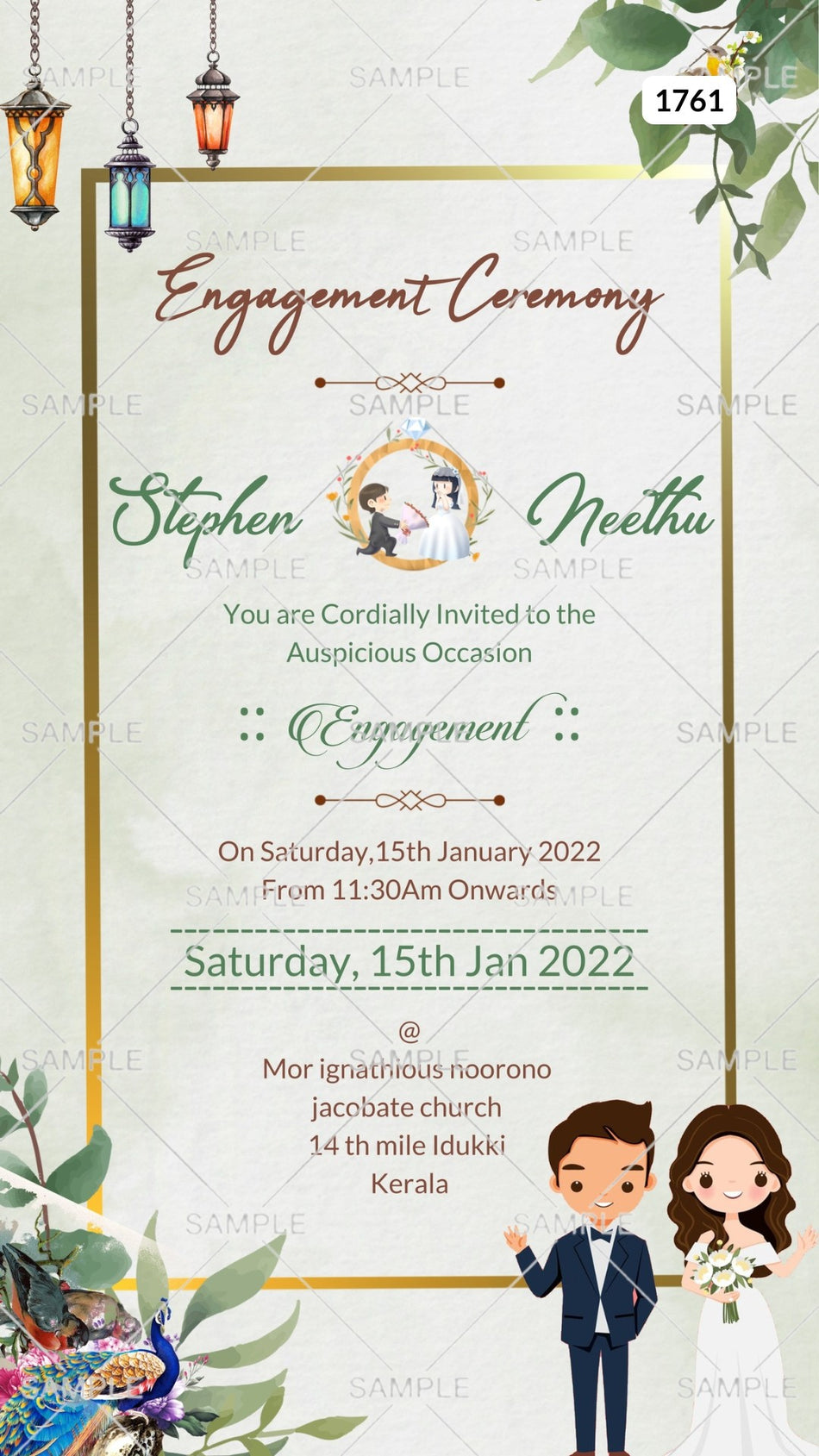 Engagement ceremony invitation card Canva Editable Template in english language with golden frame, peacock, couple doodle as artistic leaves theme design 1761