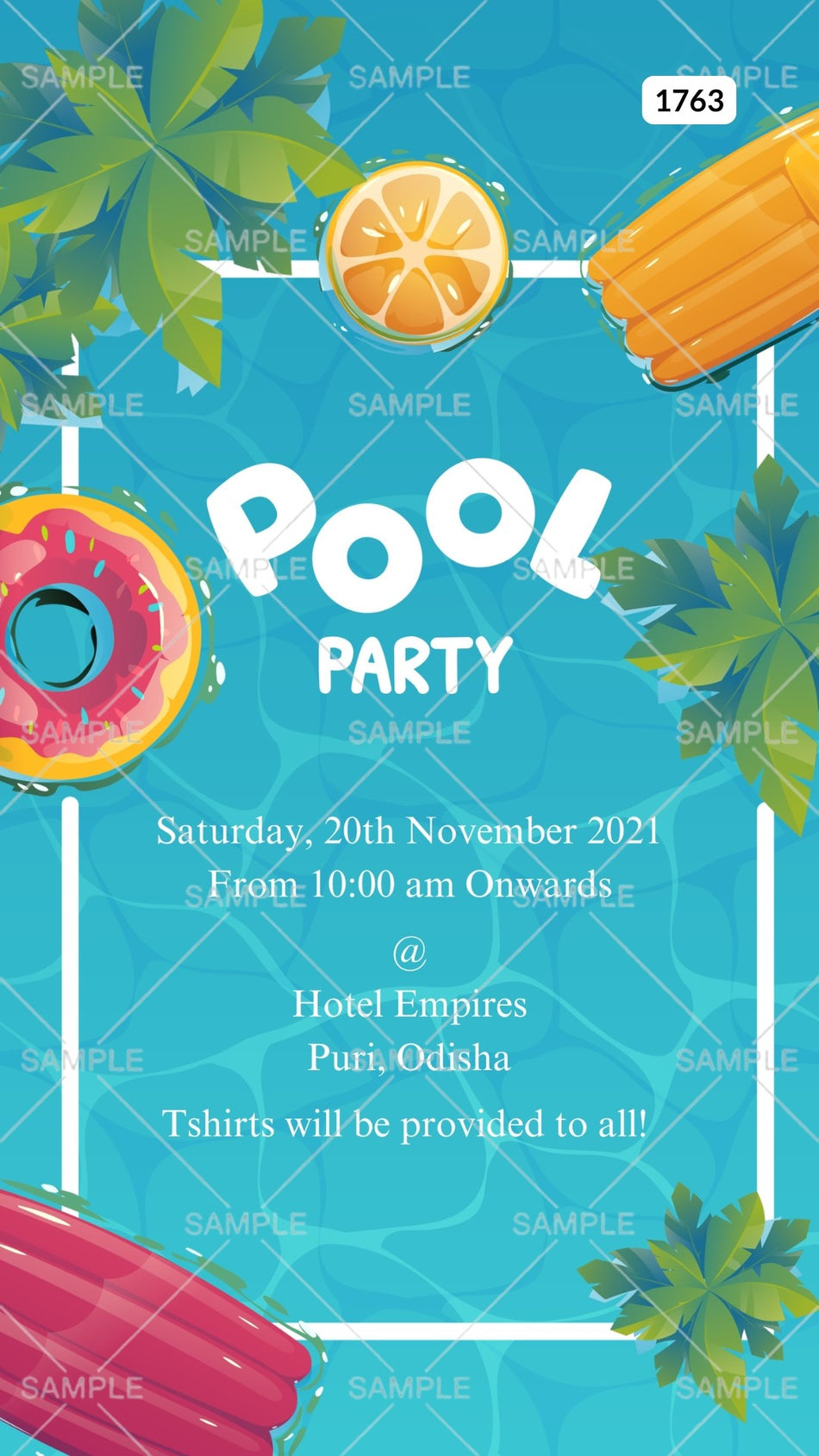 Pool Party invitation card Canva Editable Template in english language with leaves, swimming tube as elegant theme design 1763