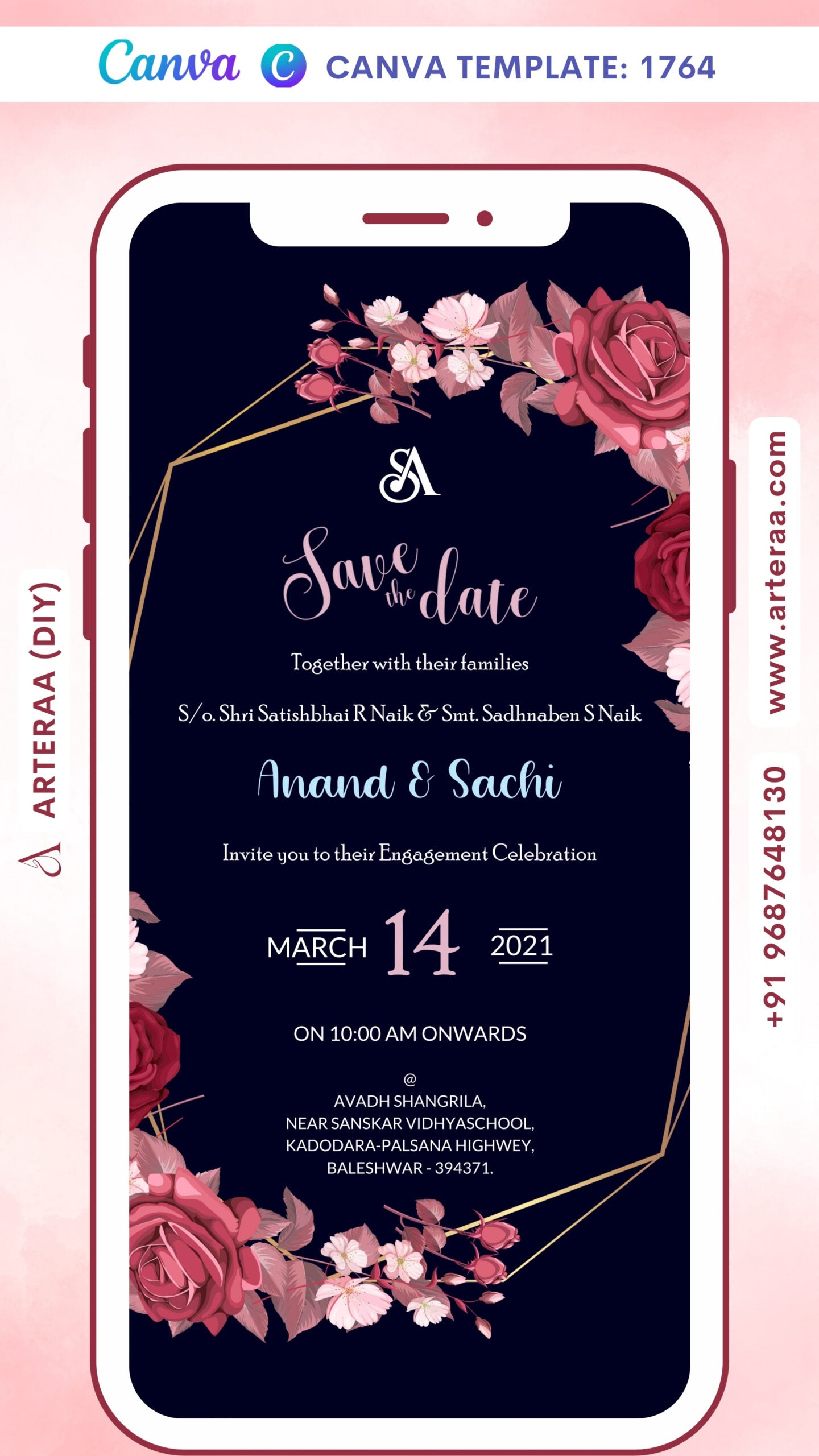 Engagement ceremony invitation card Canva Editable Template in english language with golden frame as floral theme design 1764