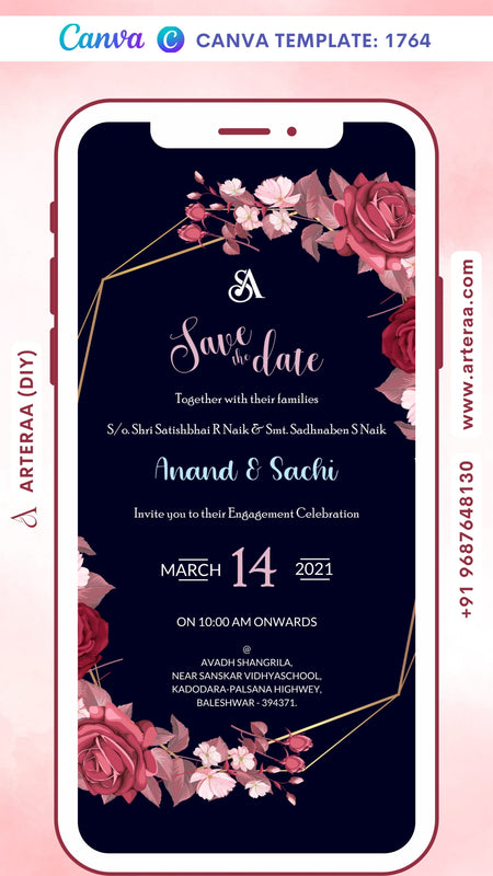 Engagement ceremony invitation card Canva Editable Template in english language with golden frame as floral theme design 1764
