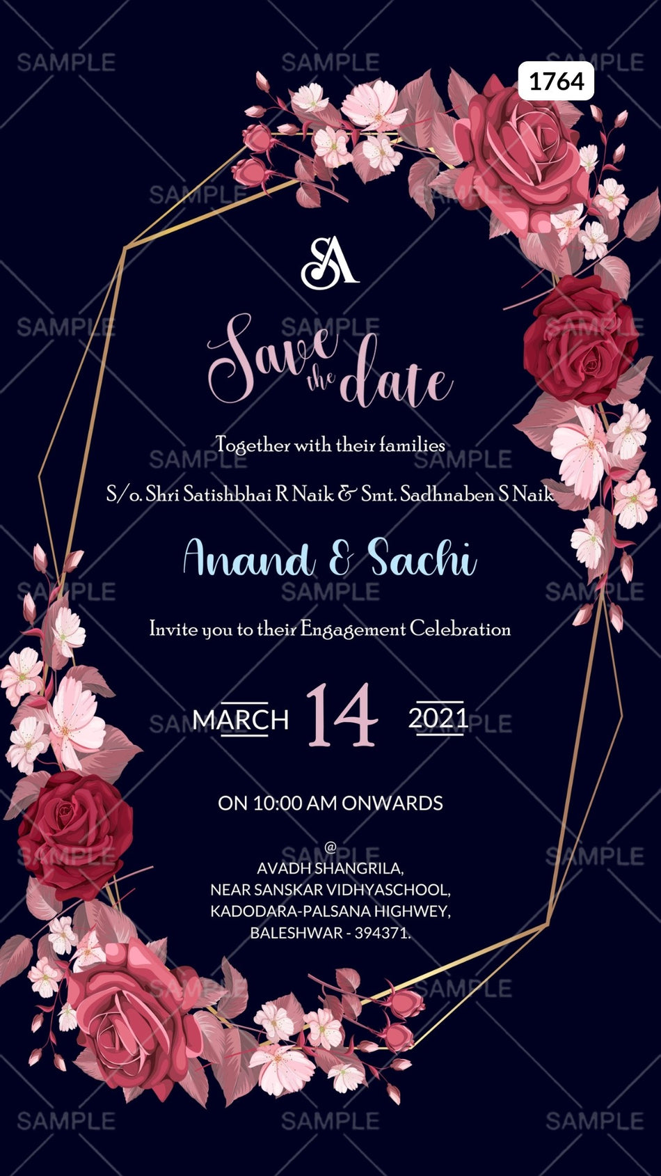 Engagement ceremony invitation card Canva Editable Template in english language with golden frame as floral theme design 1764