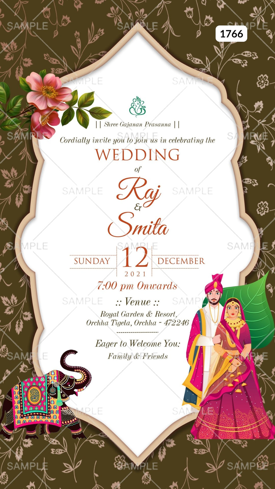 Wedding ceremony invitation card Canva Editable Template of hindu north indian family in english language with  traditional theme design 1766