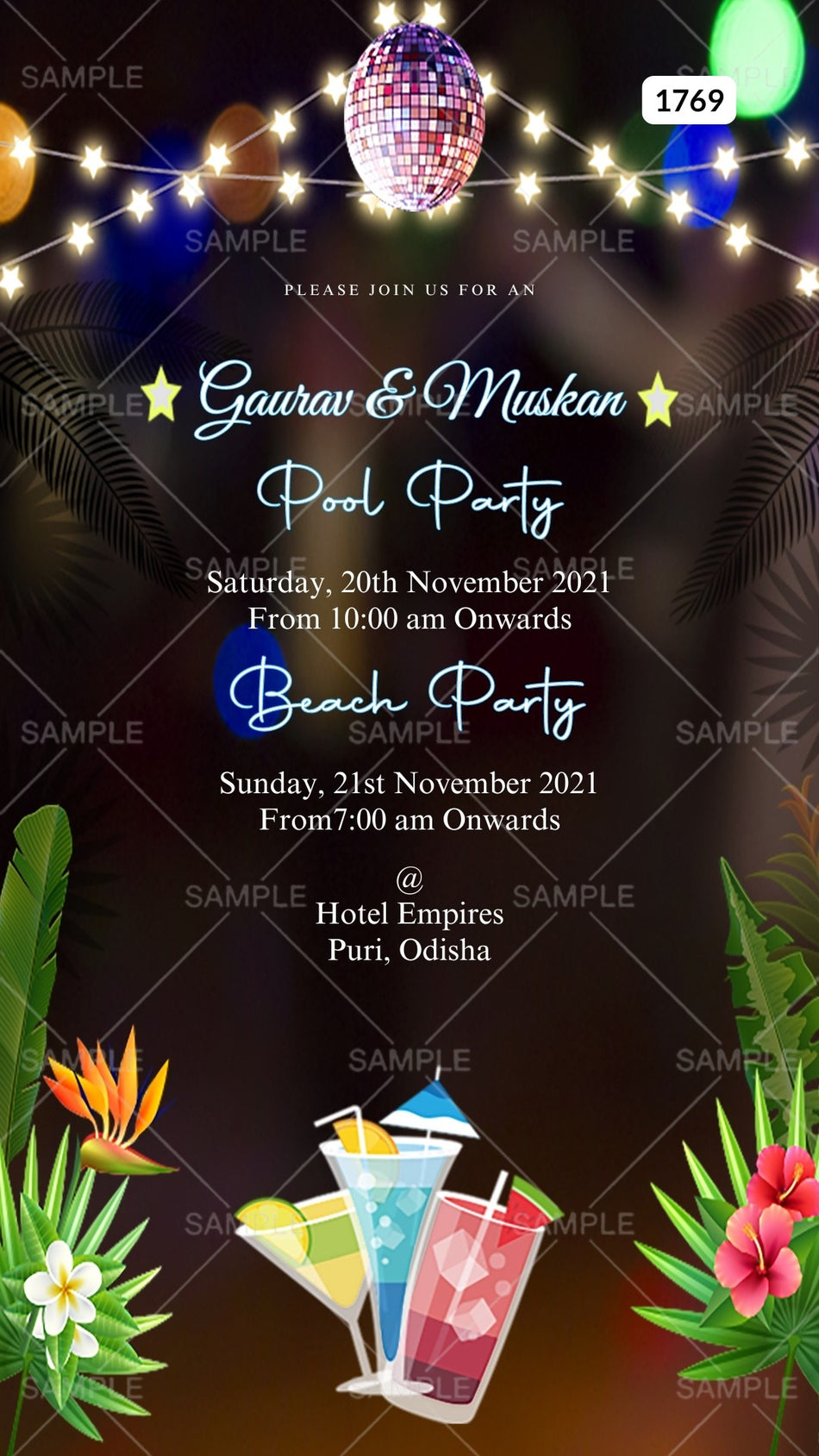 Pool Party invitation card Canva Editable Template in english language with dancing ball, leaves as shining theme design 1769
