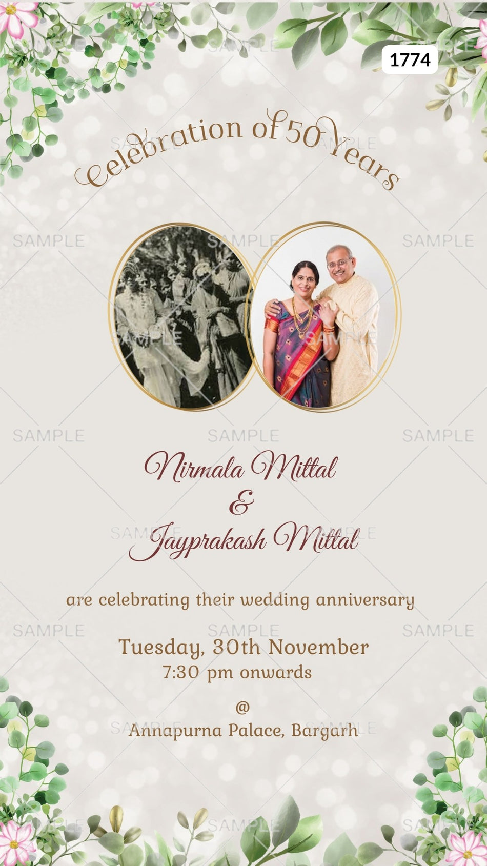 50th Wedding Anniversary invitation card Canva Editable Template in English language with couple photo, leaves as floral theme design 1774