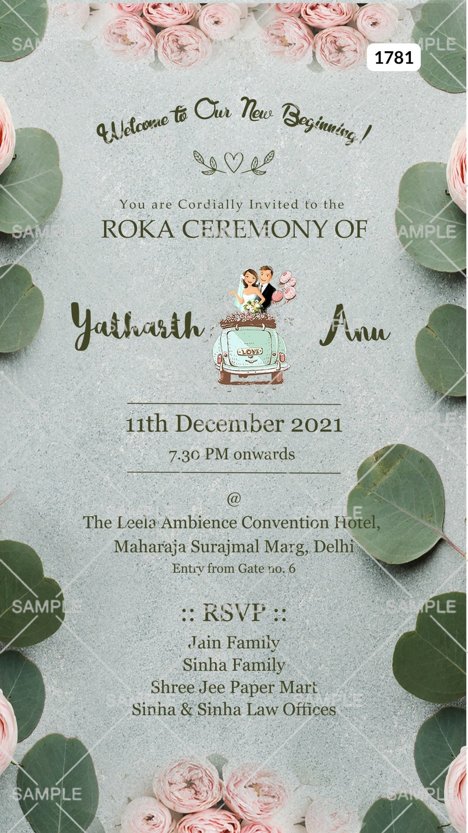 Roka ceremony invitation card Canva Editable Template for Punjabi family in english language with flowers, romantic couple doodle as floral theme design 1781