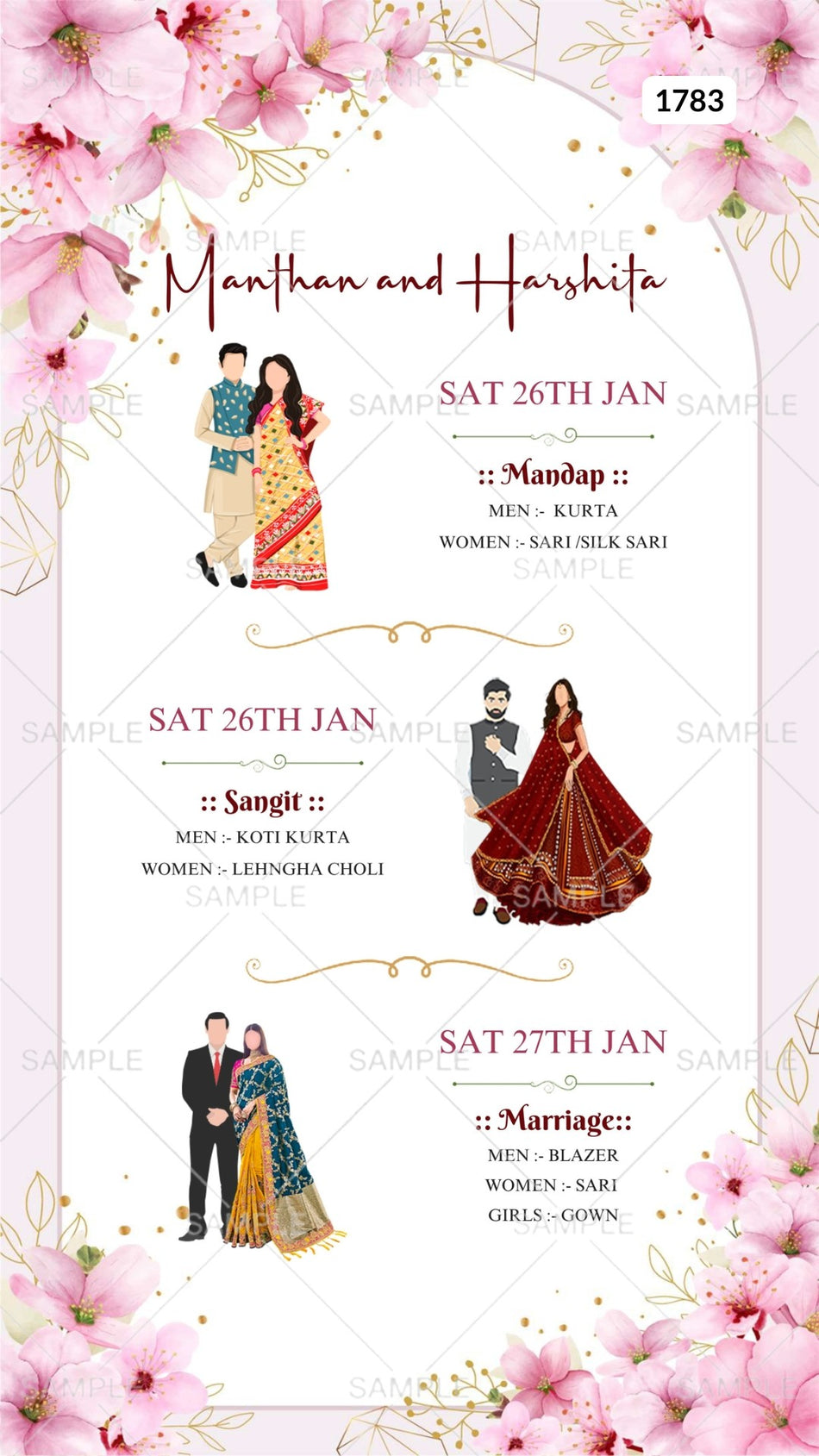 Wardrobe planner invitation card Canva Editable Template in english language with arch, flowers as floral theme design 1783