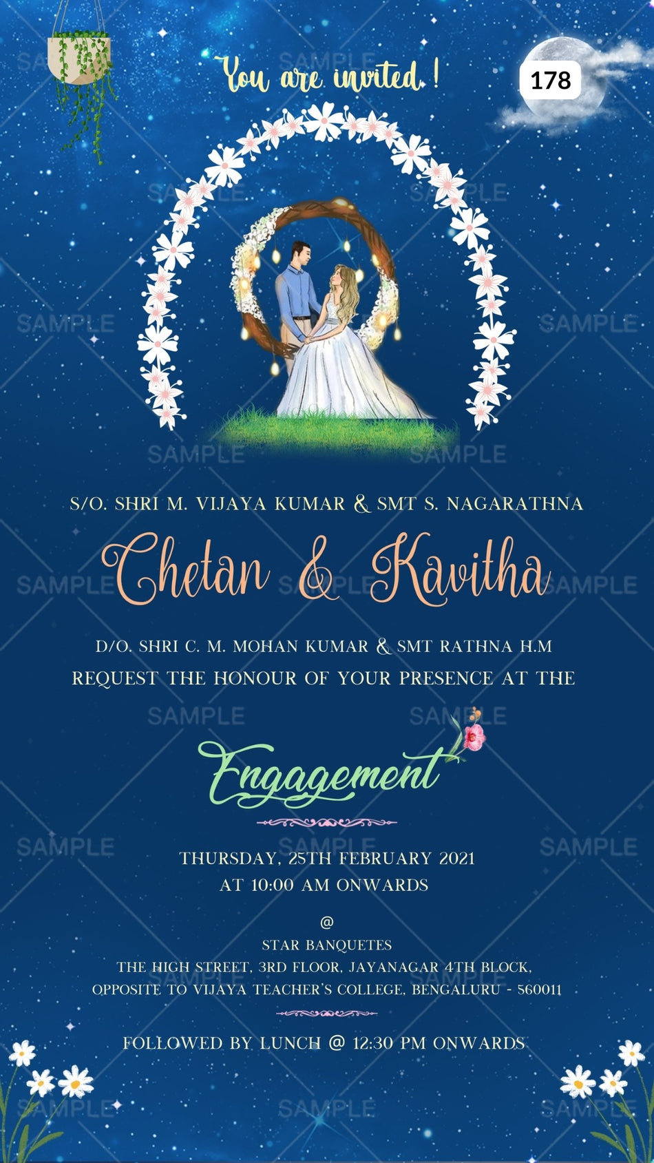 Engagement ceremony invitation card Canva Editable Template in english language with moon, sparkle as night theme design 178