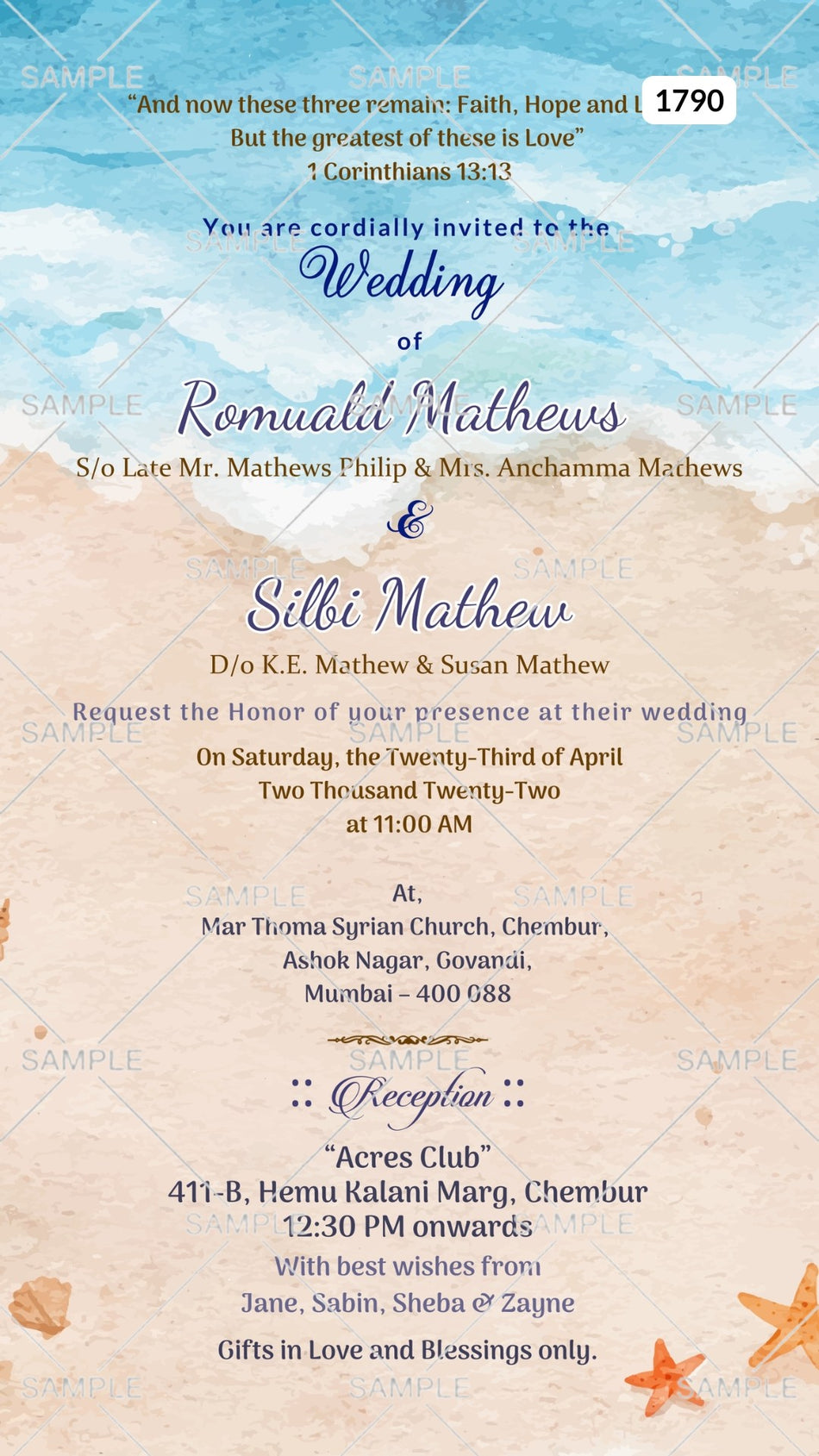 Wedding ceremony invitation card Canva Editable Template of hindu maharashtrian marathi family in english language with  beach theme design 1790