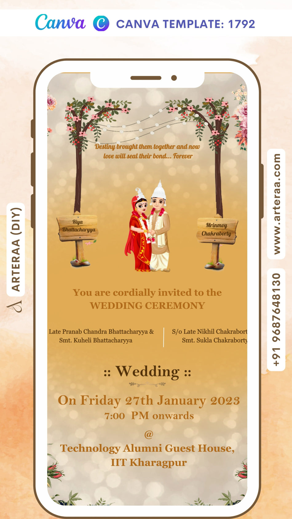 Wedding ceremony invitation card Canva Editable Template of hindu north indian bhojpuri family in english language with minimalistic theme design 1792