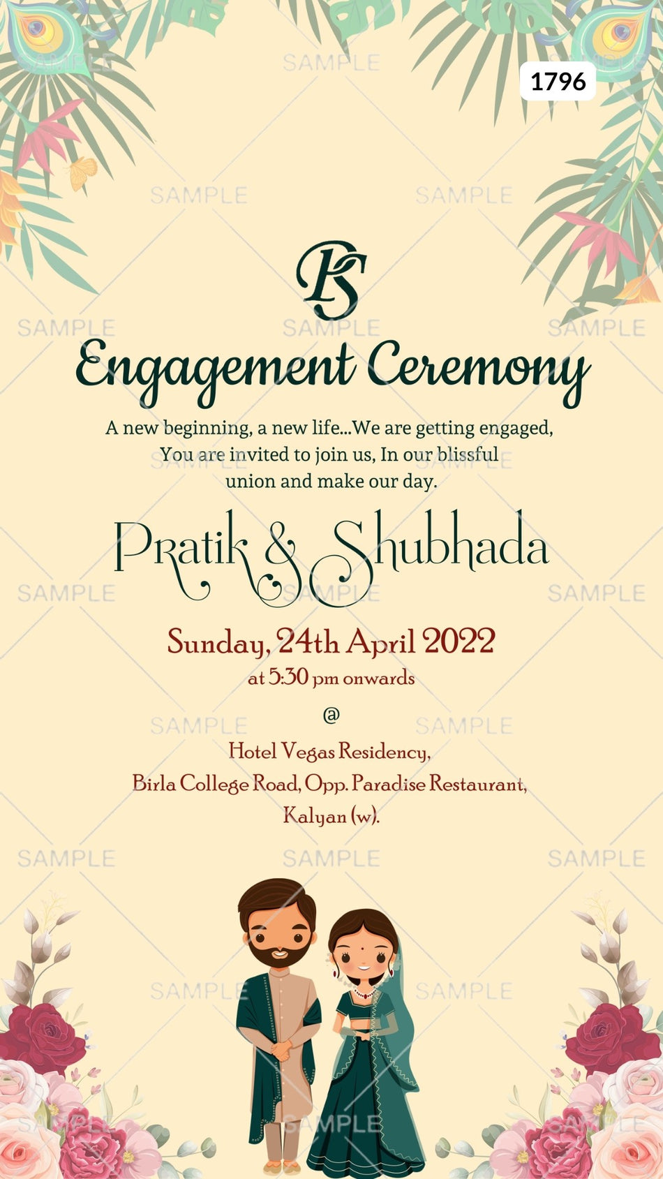 Engagement ceremony invitation card Canva Editable Template in english language with leaves, peacock feather as floral theme design 1796