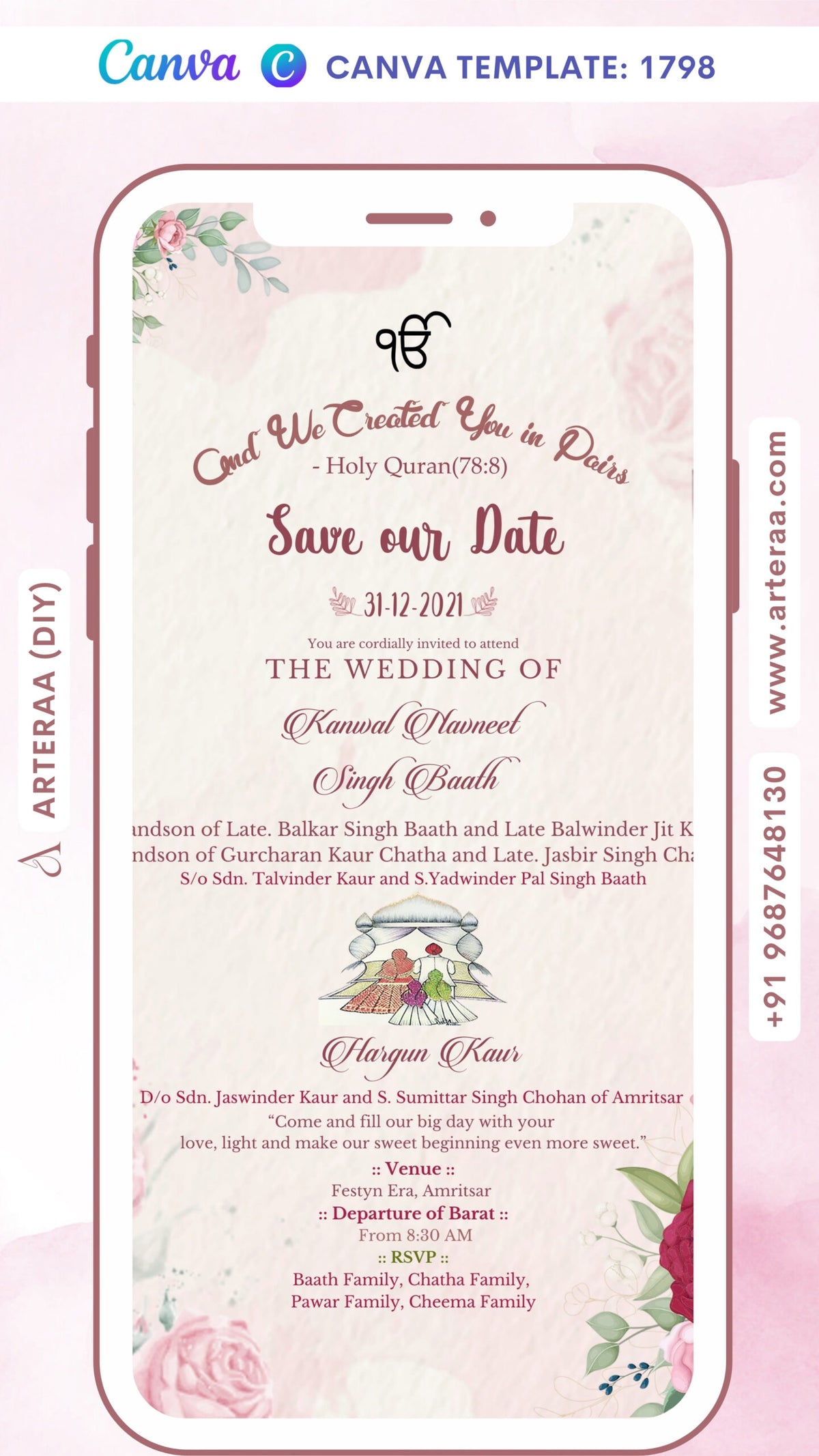 Wedding ceremony invitation card Canva Editable Template of hindu punjabi sikh family in English language with Floral theme design 1798