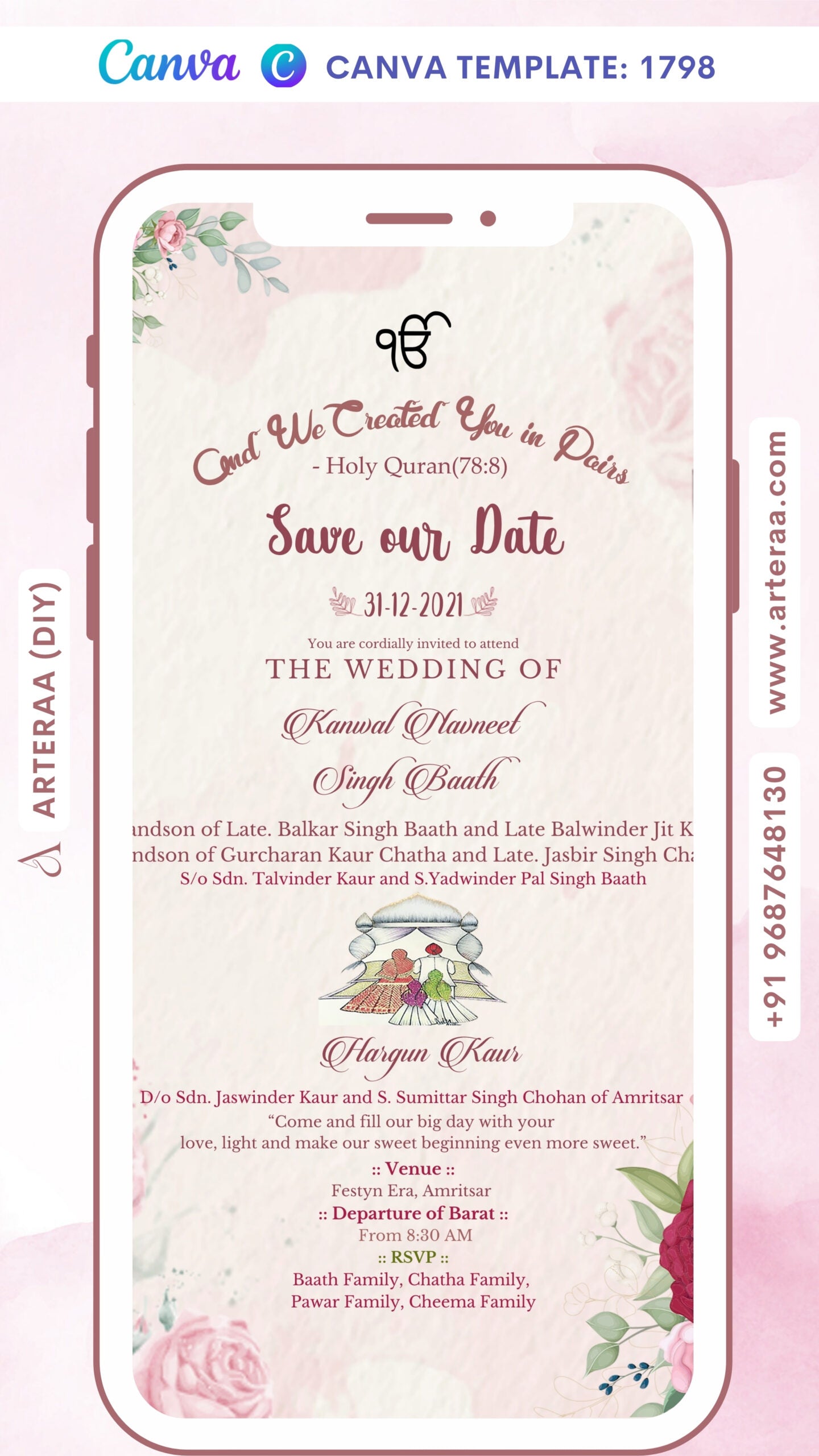 Wedding ceremony invitation card Canva Editable Template of hindu punjabi sikh family in English language with Floral theme design 1798