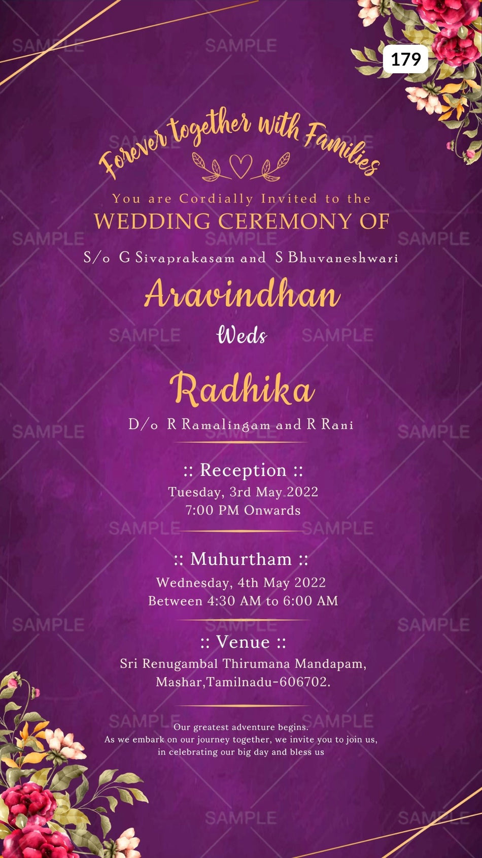 Digital Wedding and Reception Ceremony Invitation Of South Indian Family In English Language With Floral Theme Canva Editable Template  design no - 179