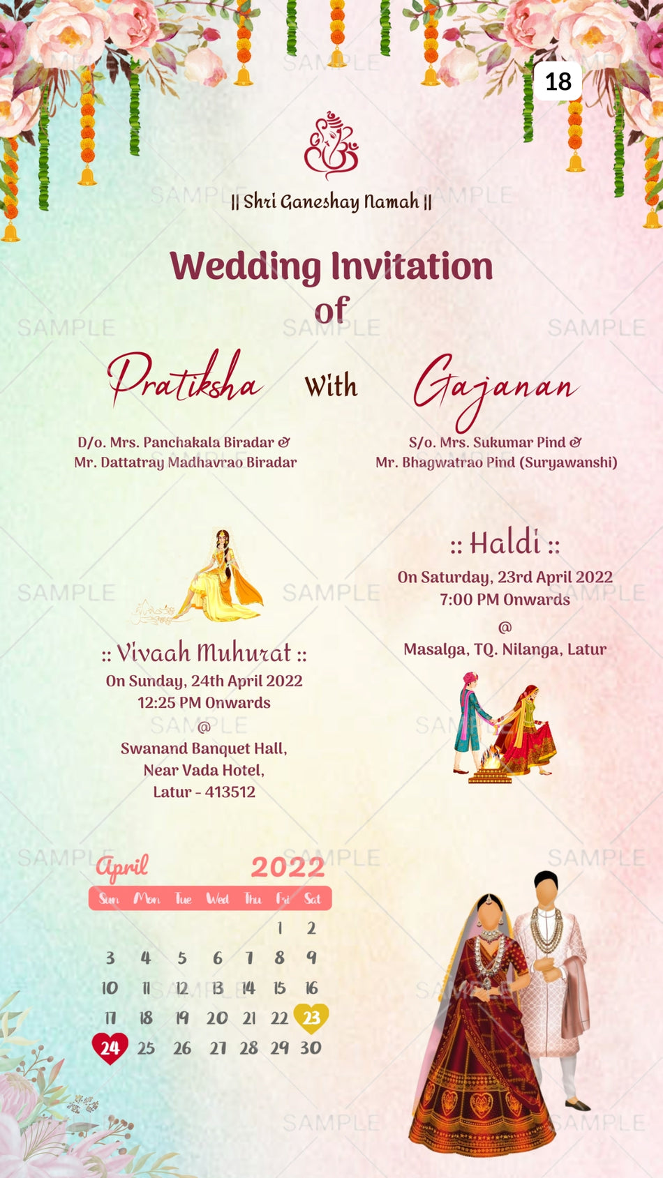 Wedding invitation card Canva Editable Template of hindu maharashtrian marathi family in english language with Floral theme design 18