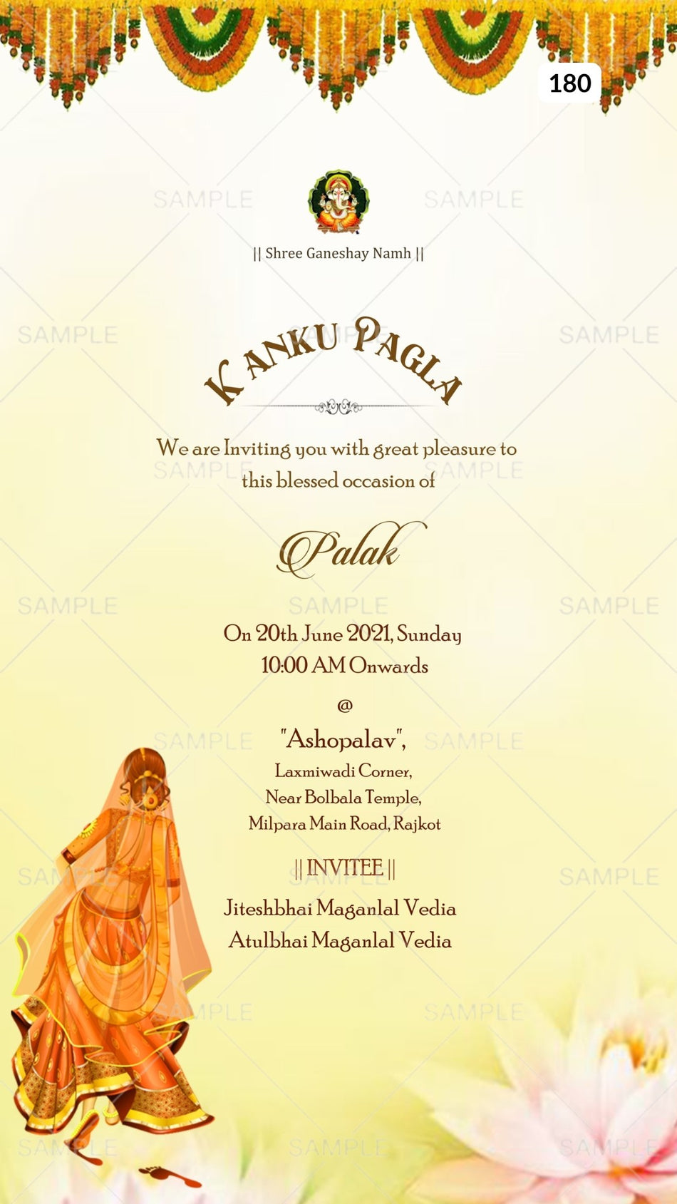 Kanku Pagla Ceremony invitation card Canva Editable Template in English language with traditional girl doodle, marigold garland as minimalistic theme design 180