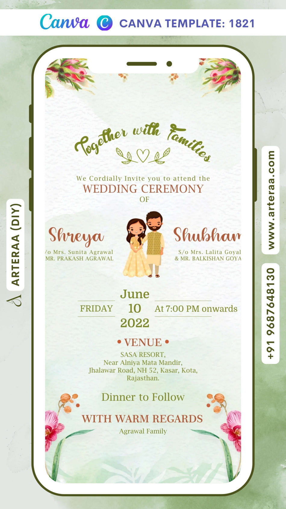 Wedding ceremony invitation card Canva Editable Template of hindu rajasthani marwari family in english language with asthetic floral theme design 1821