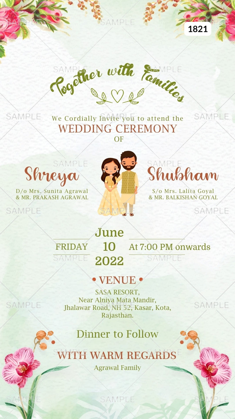 Wedding ceremony invitation card Canva Editable Template of hindu rajasthani marwari family in english language with  asthetic floral theme design 1821
