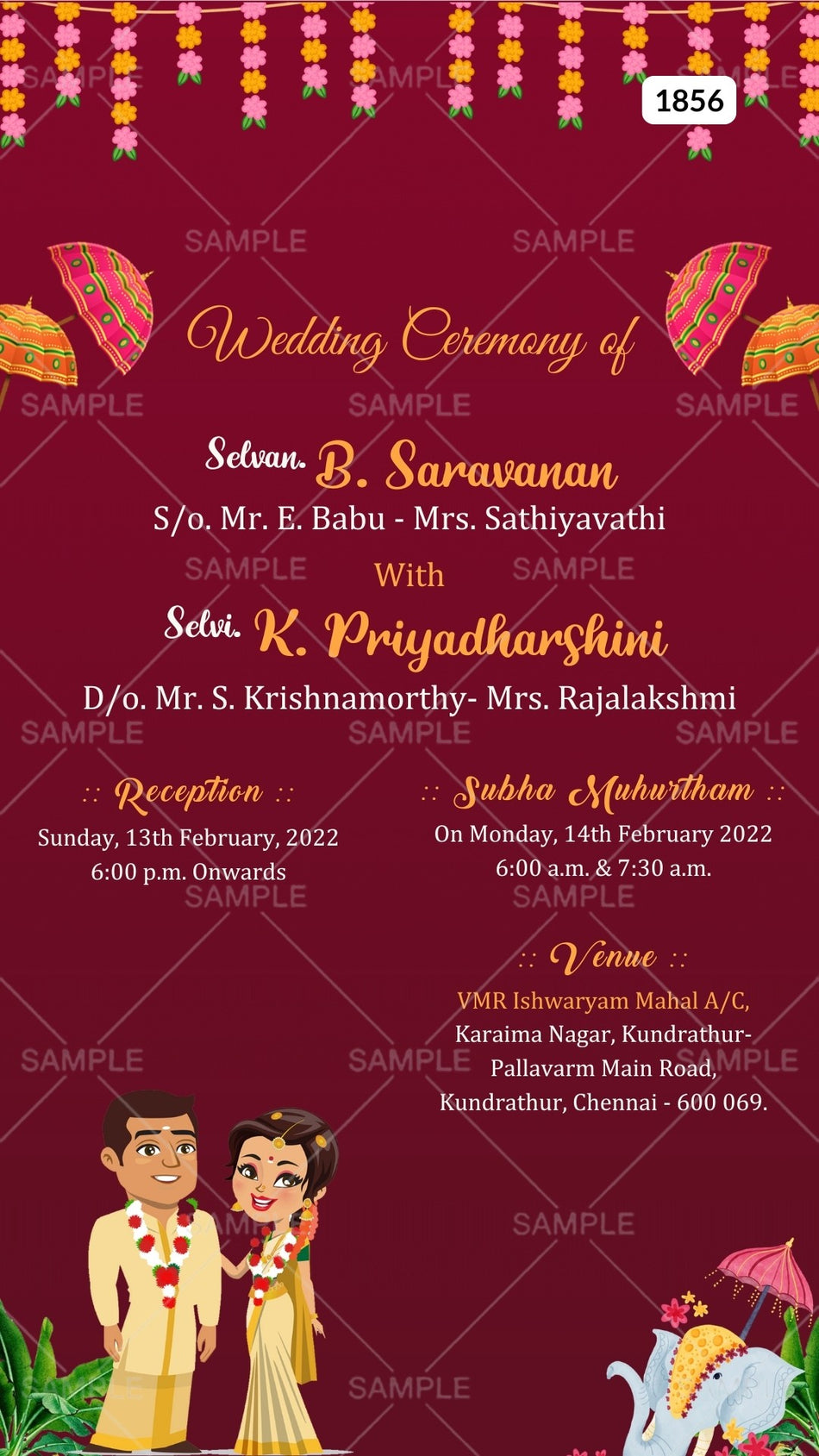 Reception Party invitation card Canva Editable Template in english language with couple doodle, elephant as minimalistic theme design 1856