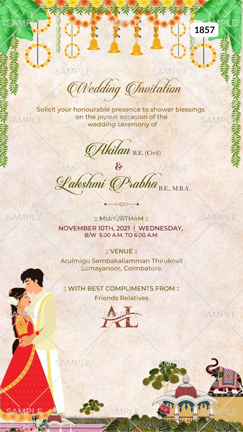 Wedding ceremony invitation card Canva Editable Template of hindu south indian tamil family in english language with traditional theme design 1857